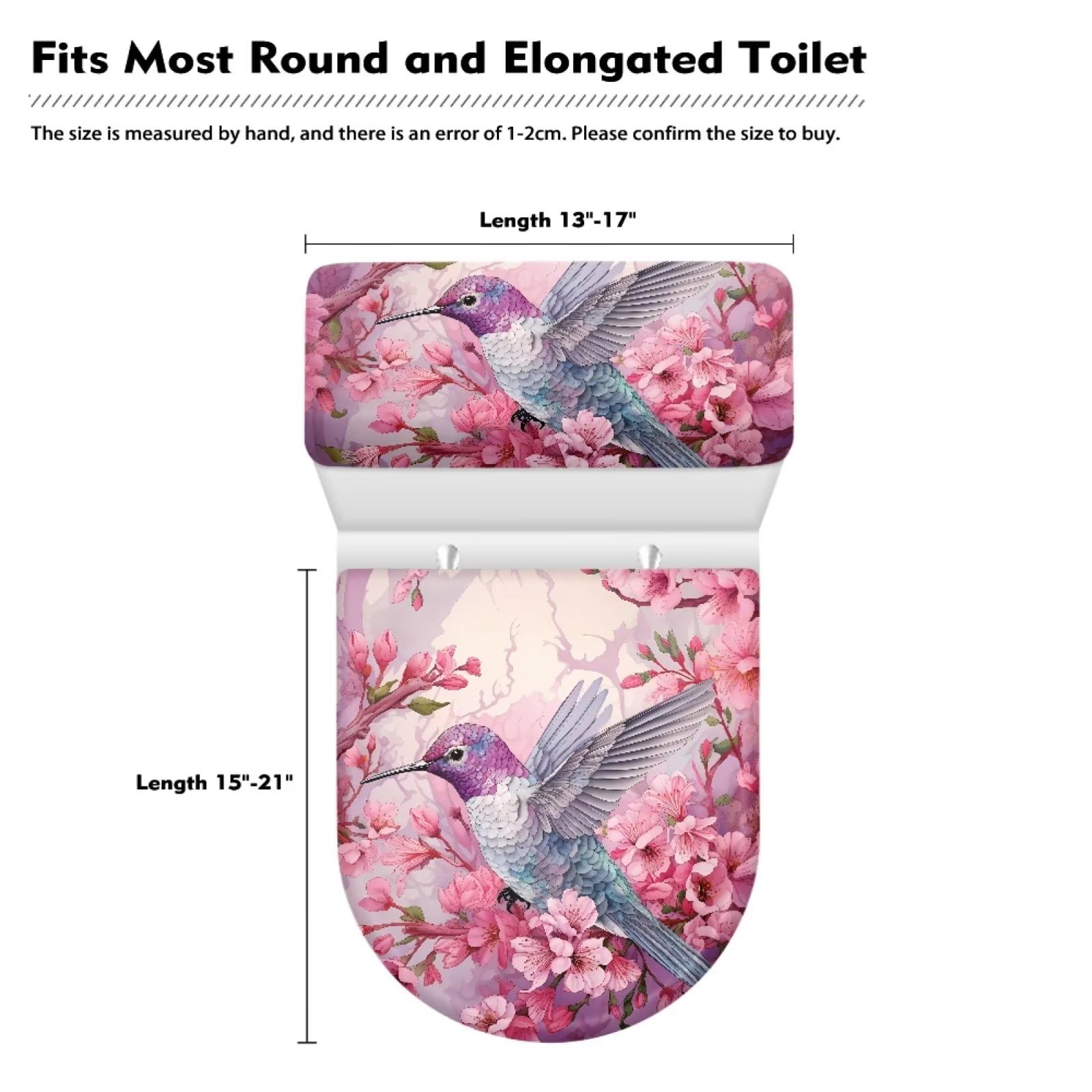 Kuiforti Pink Flowers Toilet Seat Lid Cover Set Of 2 Pcs,Hummingbird Floral Print Toilet Tank Lid Cover Toilet Mat Protective Co