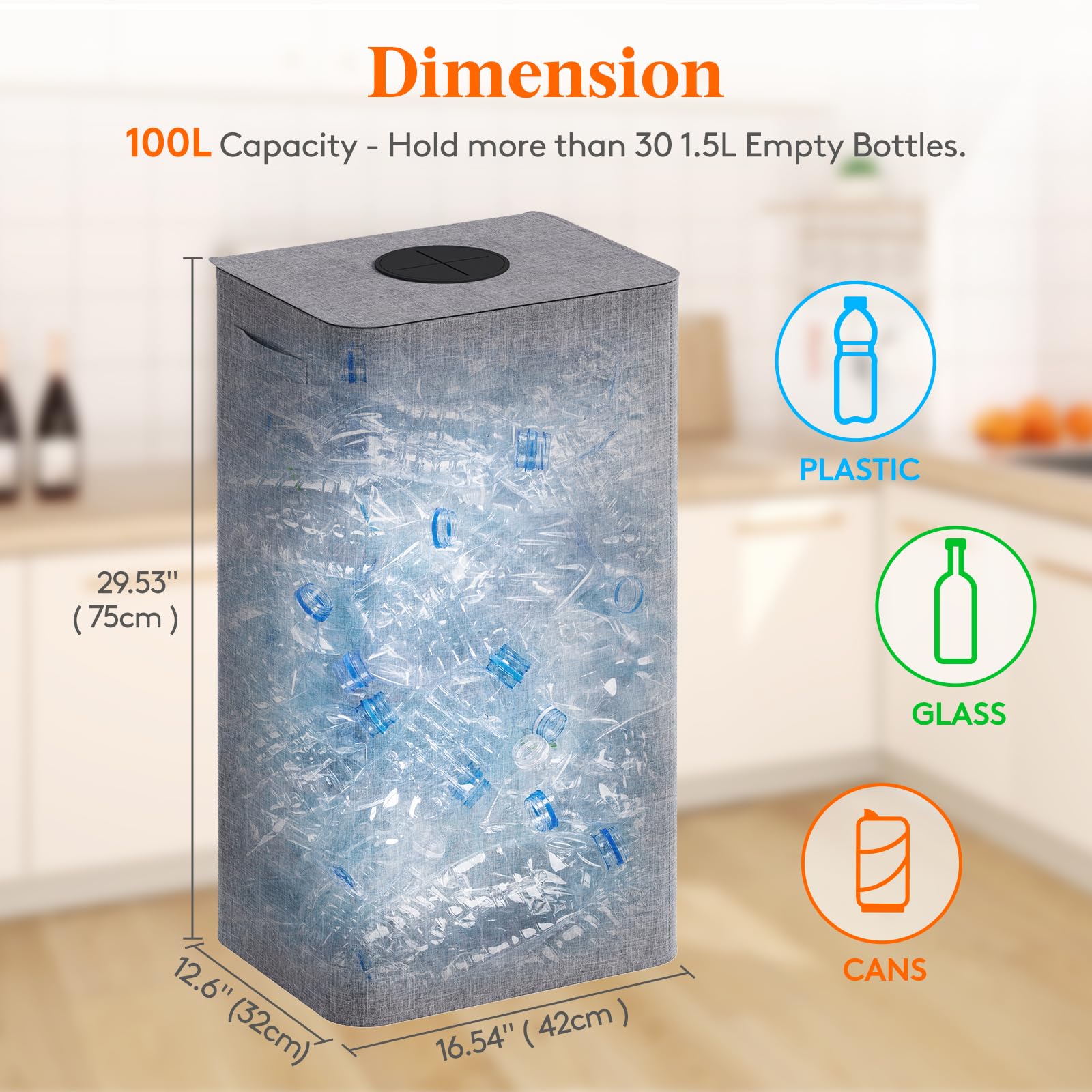 Lifewit 100L Recycling Bin For Kitchen, Large 26 Gallon Recycle Bin With Lid And Reusable Inner Bag, Tall Indoor Home Storage Ca