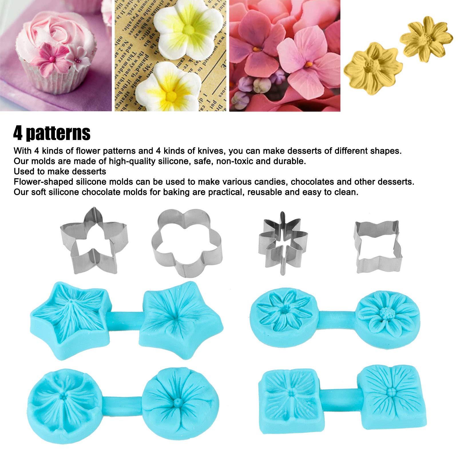 Flower Silicone, 4 Sets Fondant Chocolate Silicone Baking Utensils Kitchen Supplies With Cutter Chocolate Icing Candy Decorating