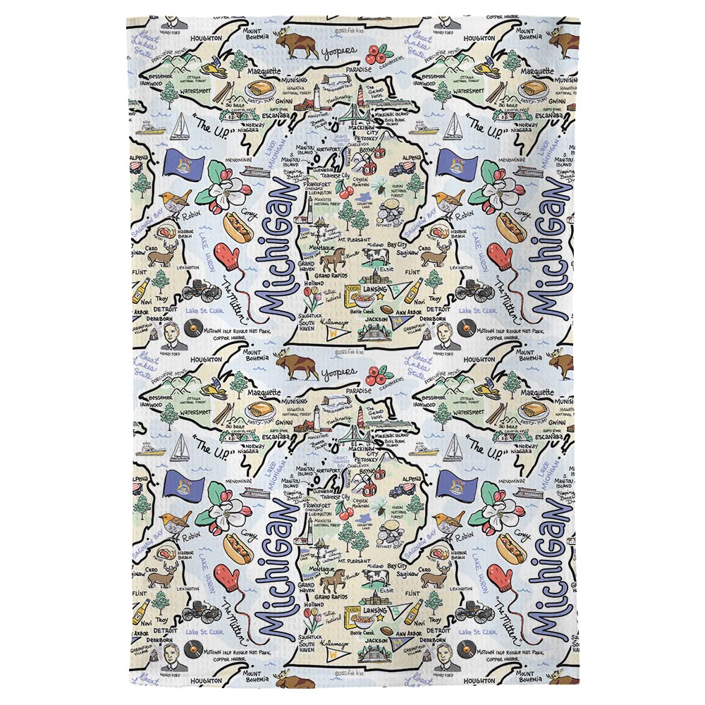 Fish Kiss 16''X24'' Michigan Map Towel Is 100% Microfiber Waffle Weave Help You Explore In Detail - Our Super Absorbent & Soft,
