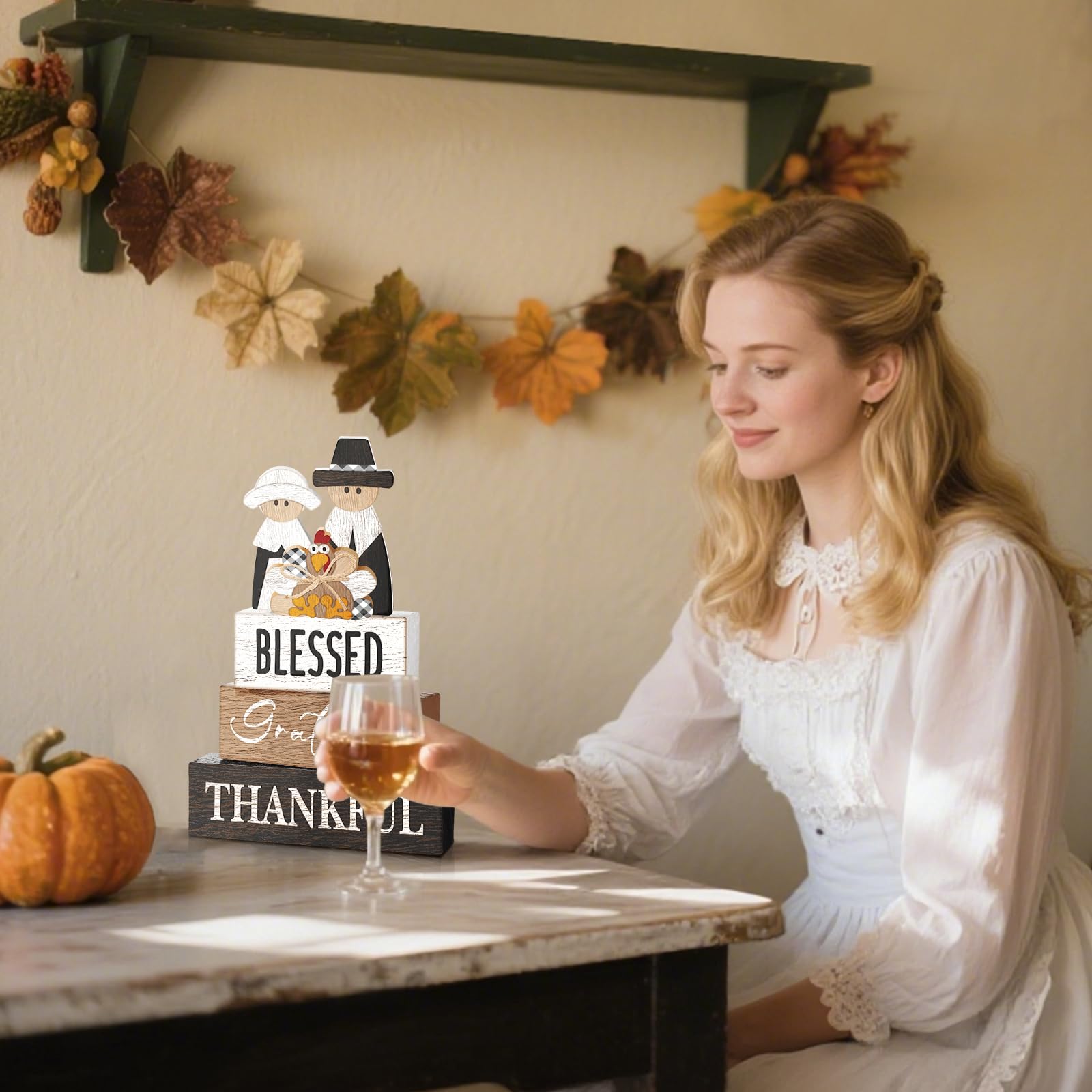4 Pcs Thanksgiving Table Decor for Home Pilgrim Couple Wooden Signs with Blessed Thanksgiving Autumn Tiered Tray Decor Turkey Ta