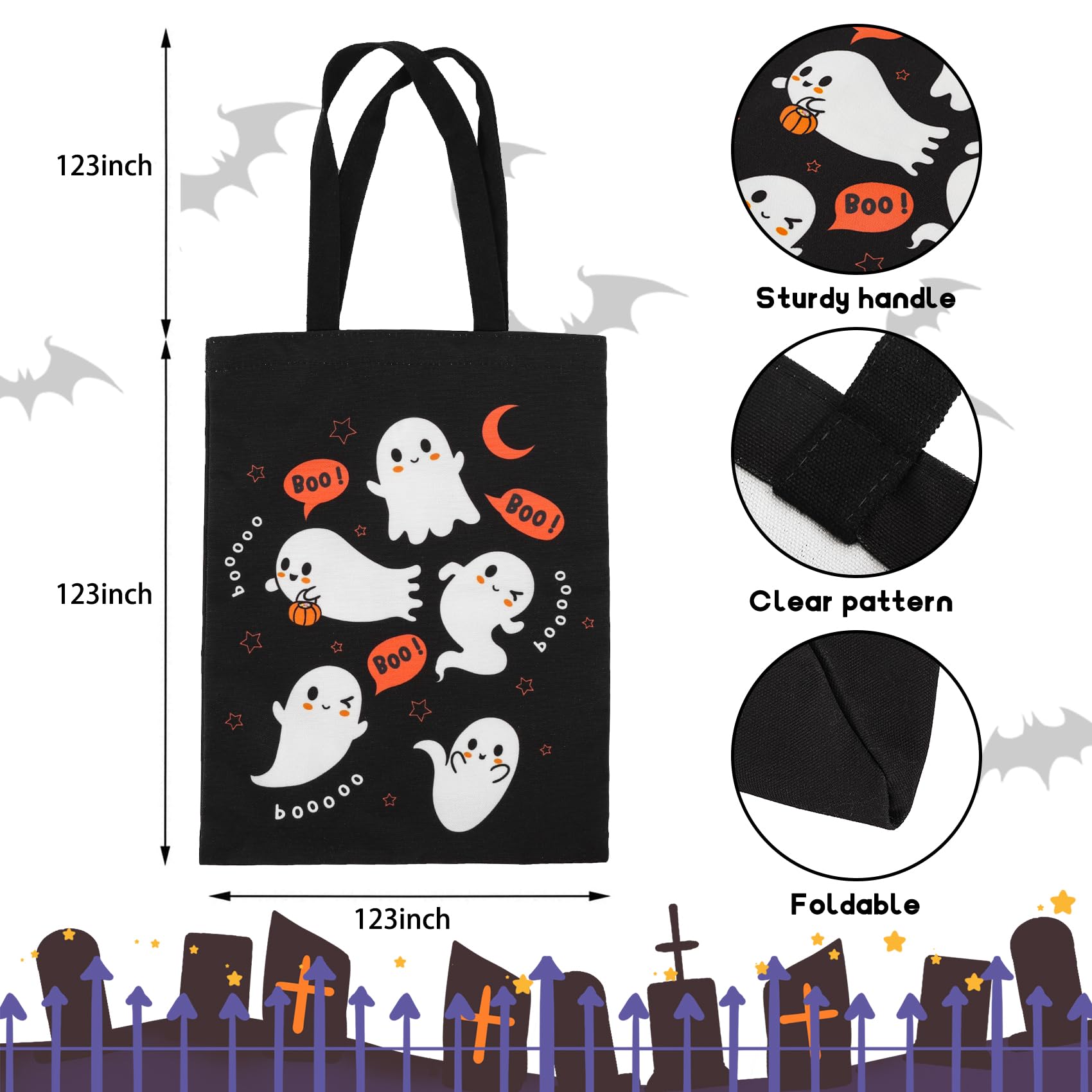 Atfunshop Halloween Tote Bag 15.7'' Trick Or Treat Bag Halloween Canvas Bags Reusable Large Halloween Bag For Kids Ghost
