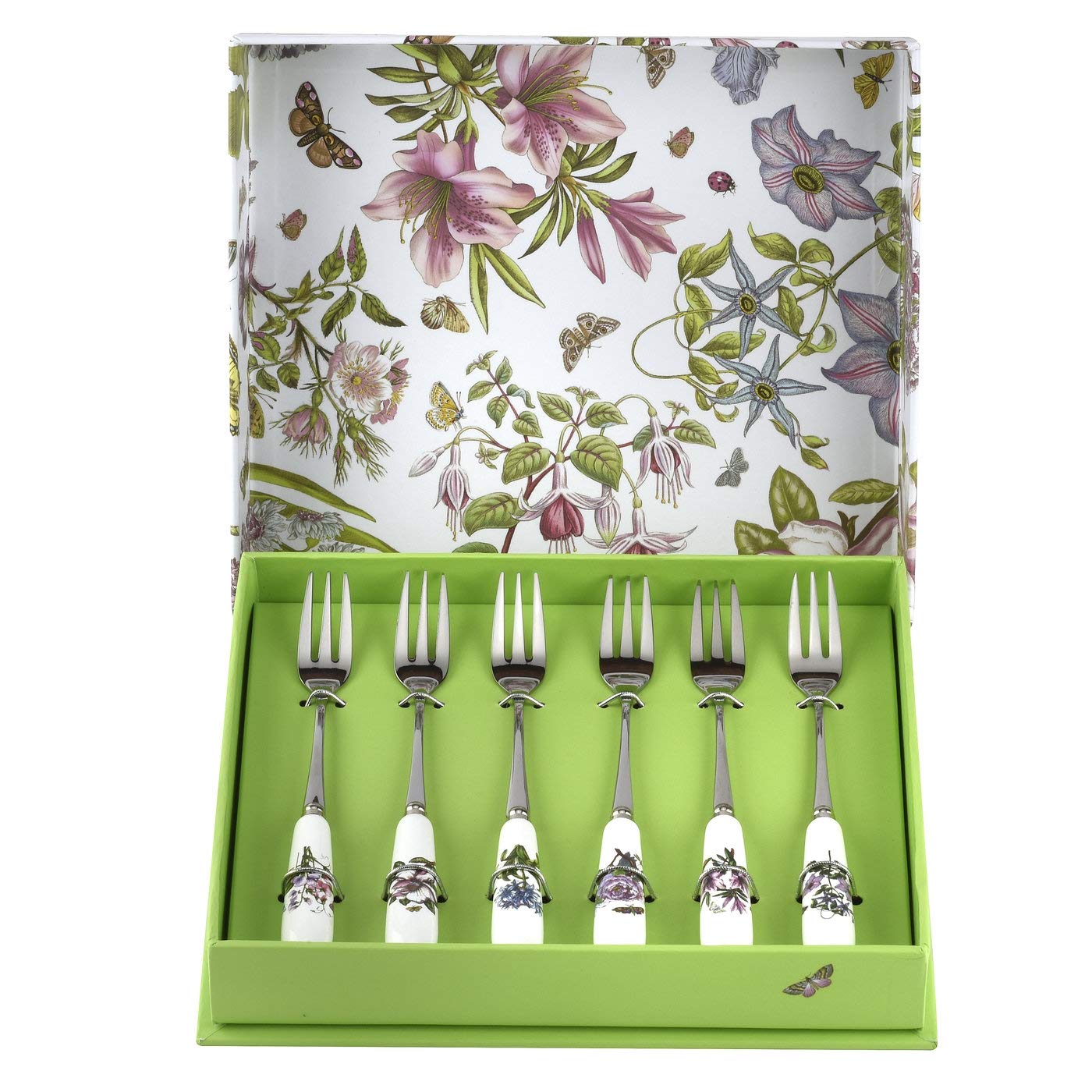Portmeirion Botanic Garden 6'' Pastry Forks - Set Of 6 | Assorted Floral Motifs | Stainless Steel And Porcelain | Chip-Resistant