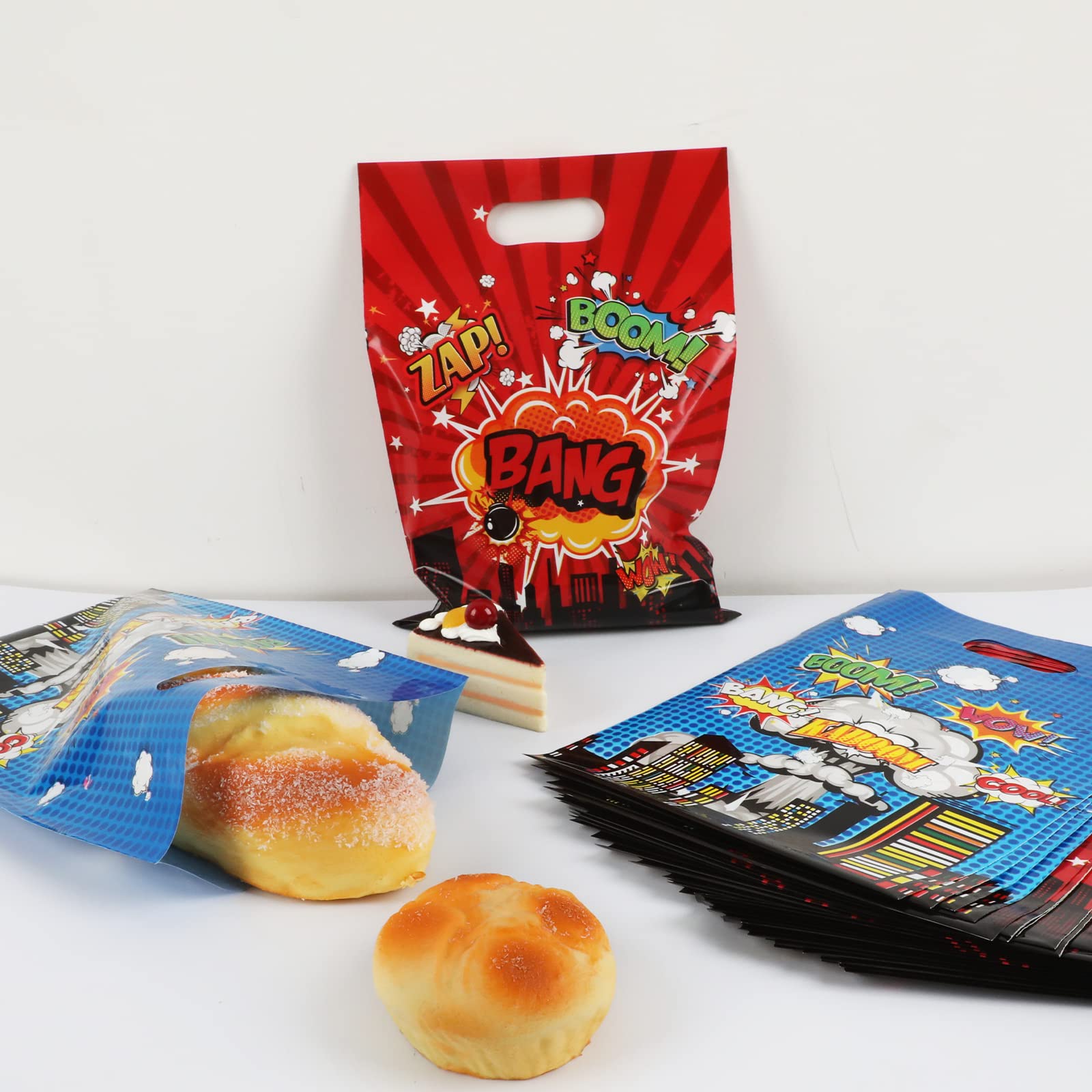 50 PCS Super Theme Hero Party Favor Bags Hero Happy Birthday Goodie Bags Hero Action Sign Candy Treat Bags Durable Plastic Hero Gift Bag for Baby Shower Boys Girls Birthday Party Decorations Supplies