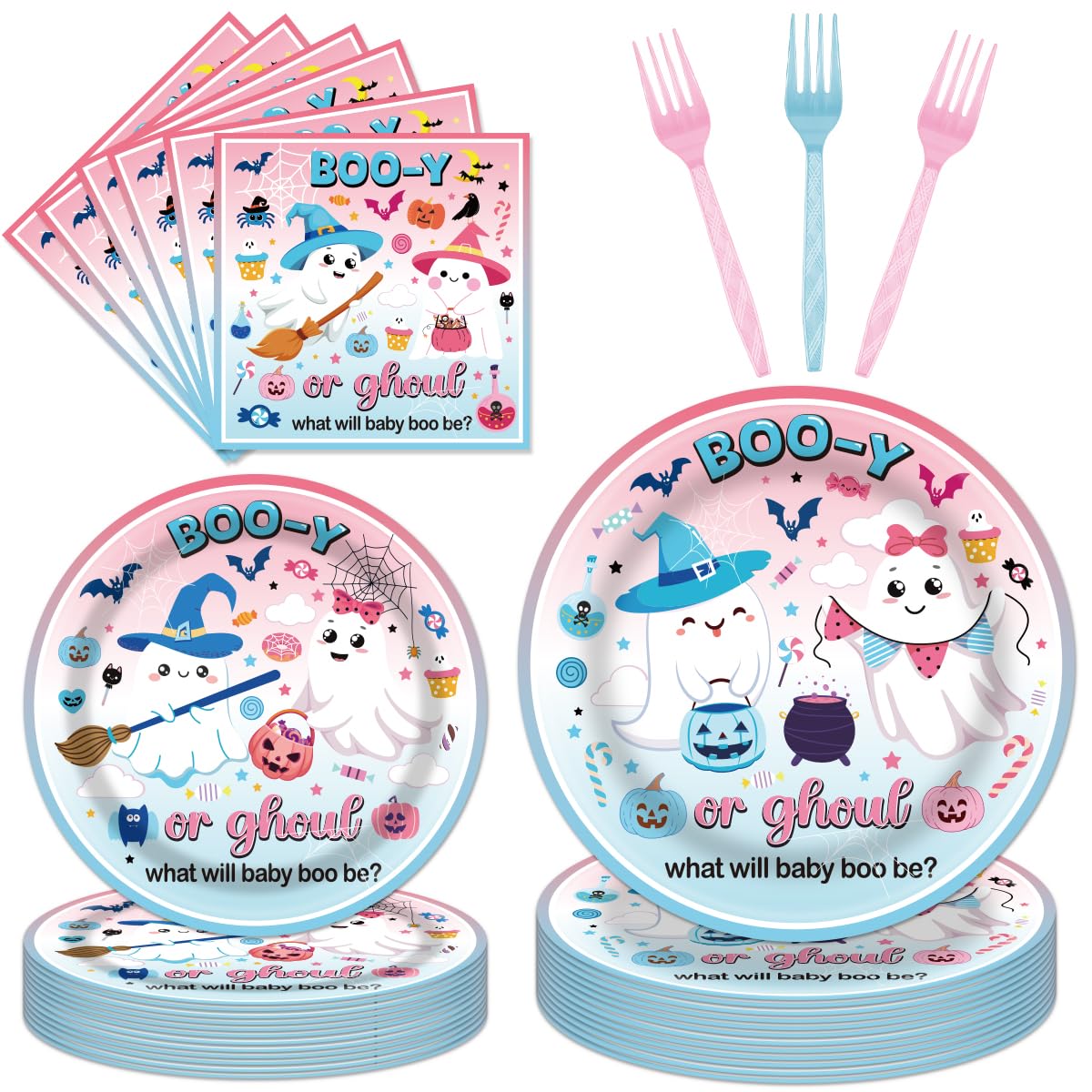 96PCS Halloween Gender Reveal Plates and Napkins Party Supplies Booy or Ghoul Gender Reveal Party Decorations Halloween Booy or 