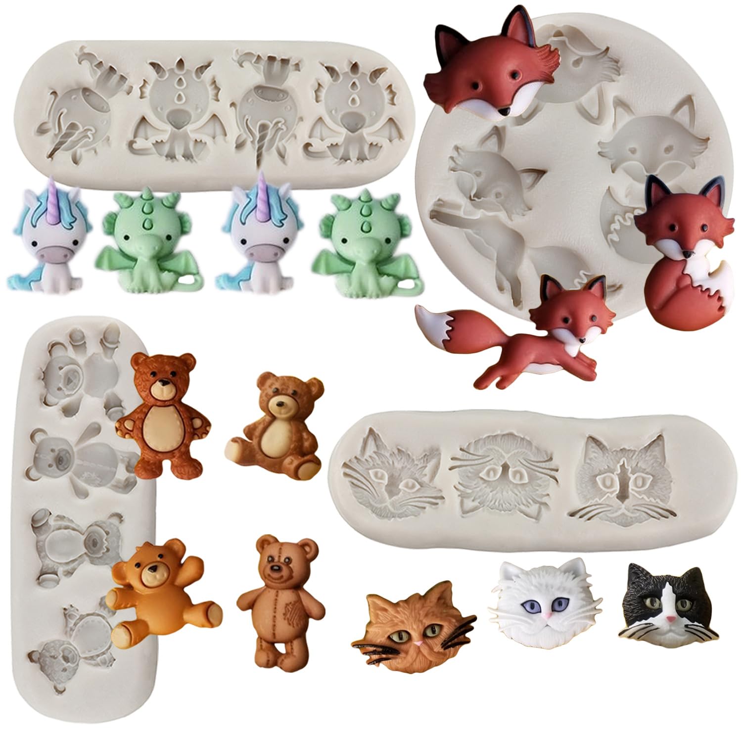 Sijiangmold Cat Head Fondant Molds Bear Fox Unicorn Silicone Mold For Cupcake Topper Cake Decorating Chocolate Gum Paste Polymer