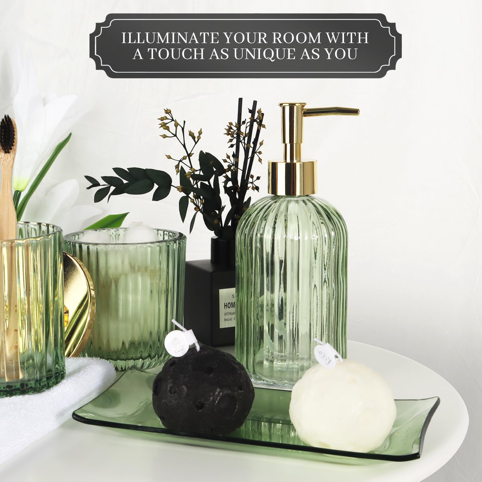 Designer Green Glass Bathroom Accessories Sets - 4 Pcs With Lotion Soap Dispenser, Bathroom Toothbrush Holder, Vanity Tray, And