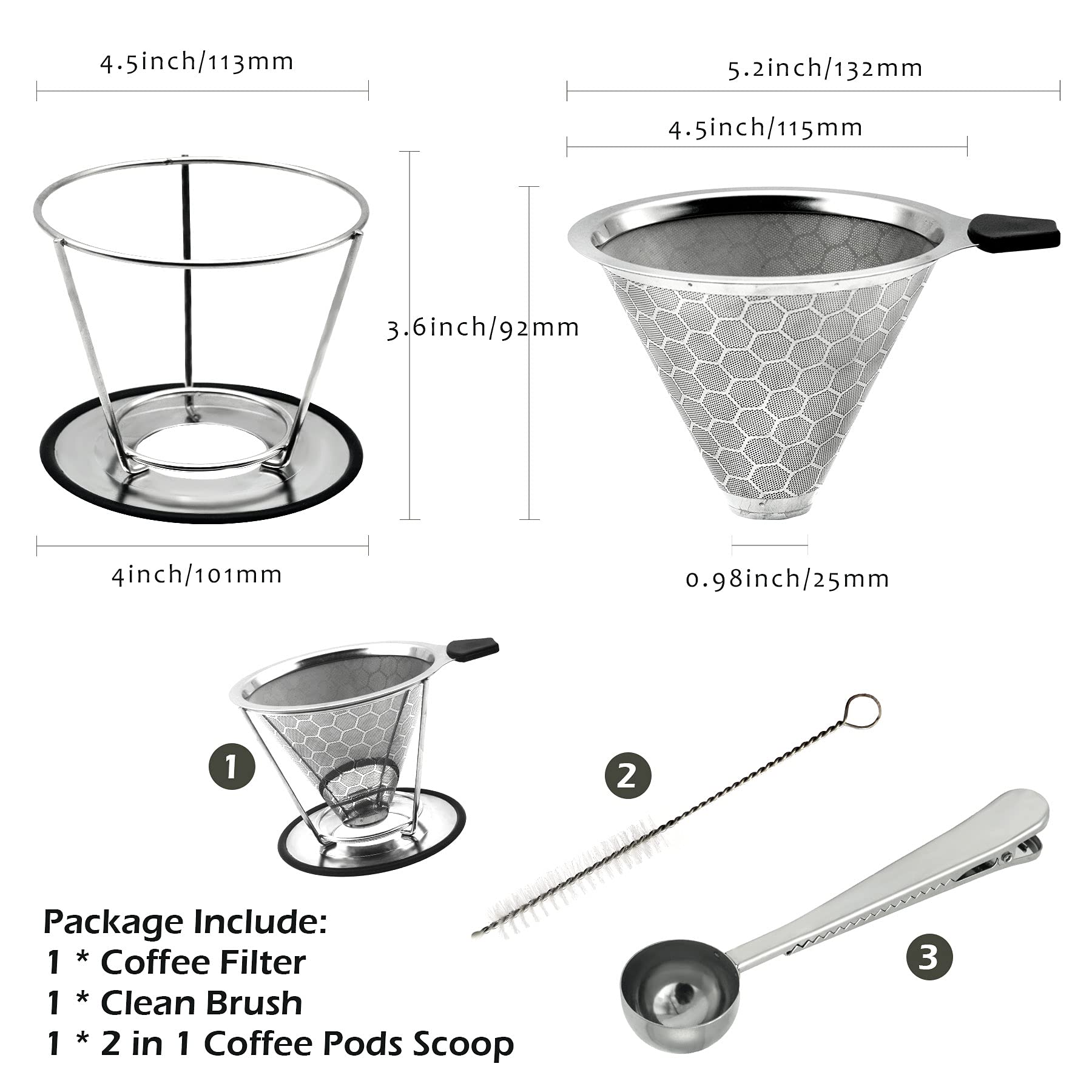 Ligicky Reusable Coffee Filter Professional Manual Stainless Steel Coffee Dripper Cone Coffee Strainer Paperless Coffee Maker Fo
