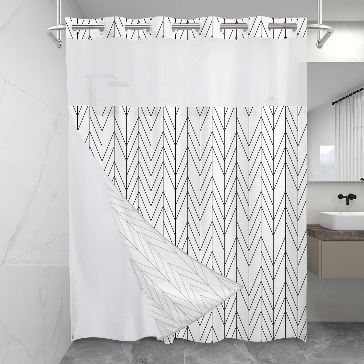Lxbni No Hook Geometric Striped Shower Curtain With Snap In Fabric Liner Set - Hotel Shower Curtain And Liner Set With See Throu