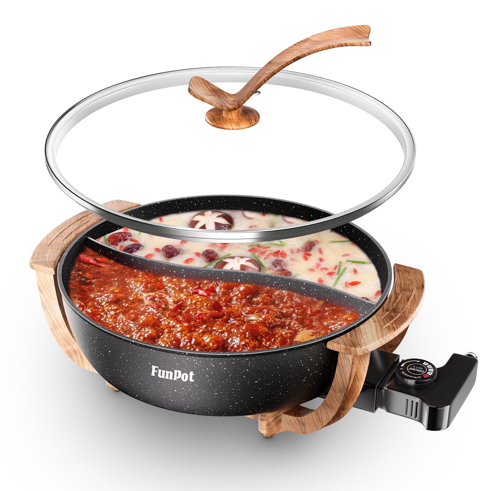 6L MultiTemp Electric Hot Pot with Dividers, Woodgrain Handles