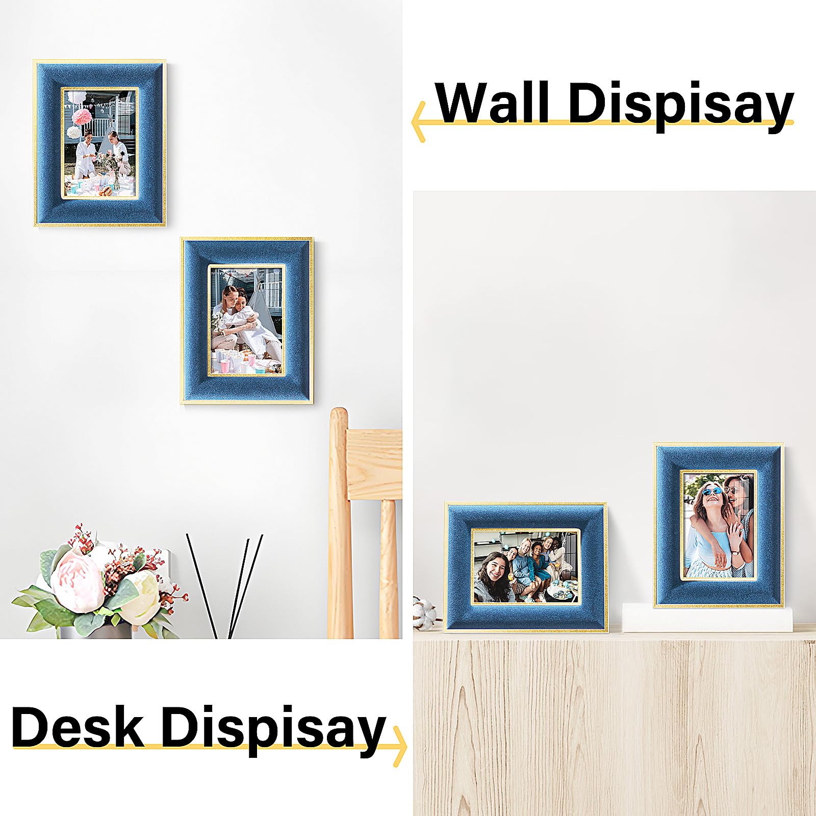 KSROECUD 3.5x5 Velvet Picture Frame, Navy Blue Photo Frames with Modern Simple Metallic Gold Border, HD Real Glass Horizontal &