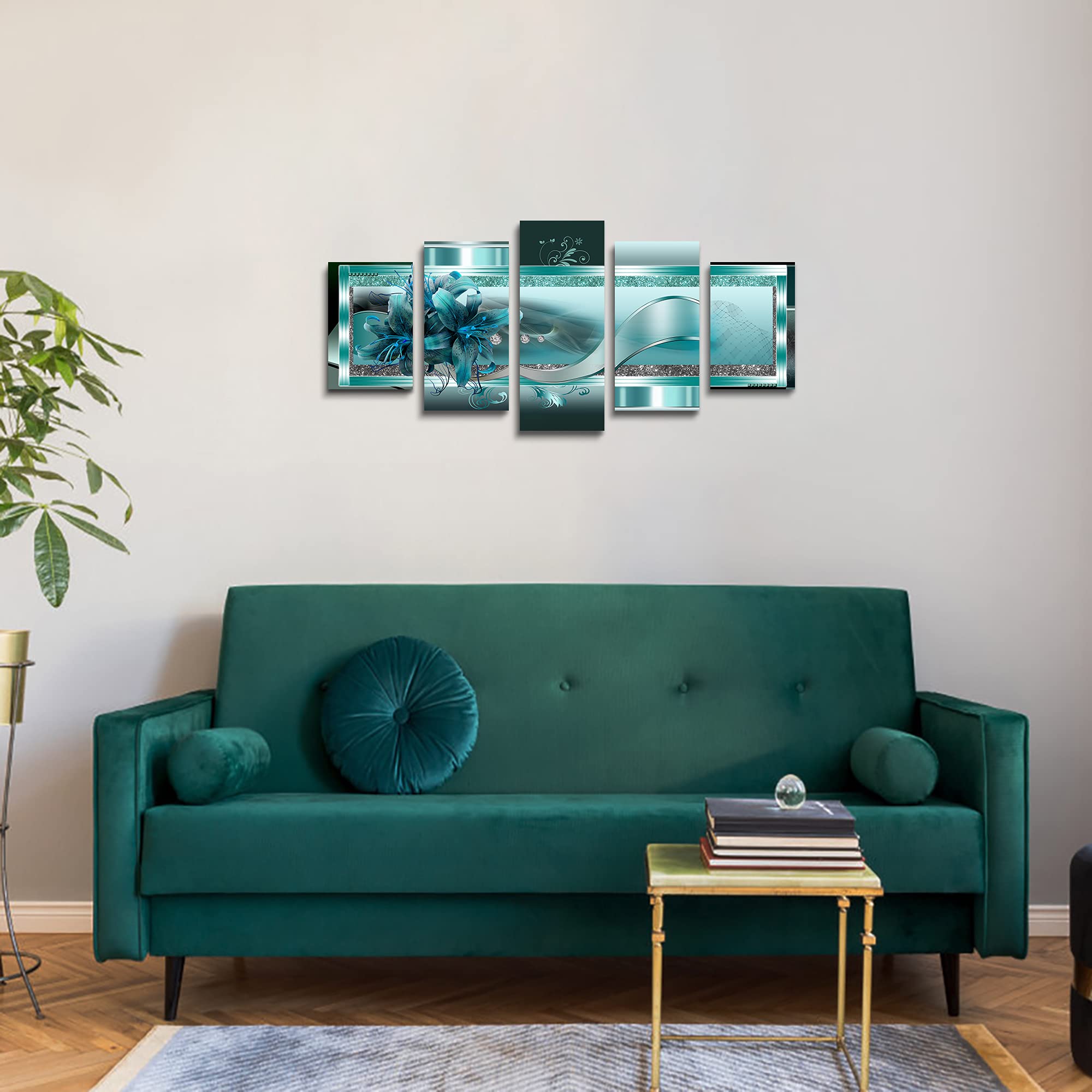 LUDUHU Turquoise Orchid Flowers Canvas Print - Abstract Green Floral Poster  Blue Wall Art Painting Decor for Home Decoration Artwork Picture Bedroom Green Floral (A Oversize 60x30inch)