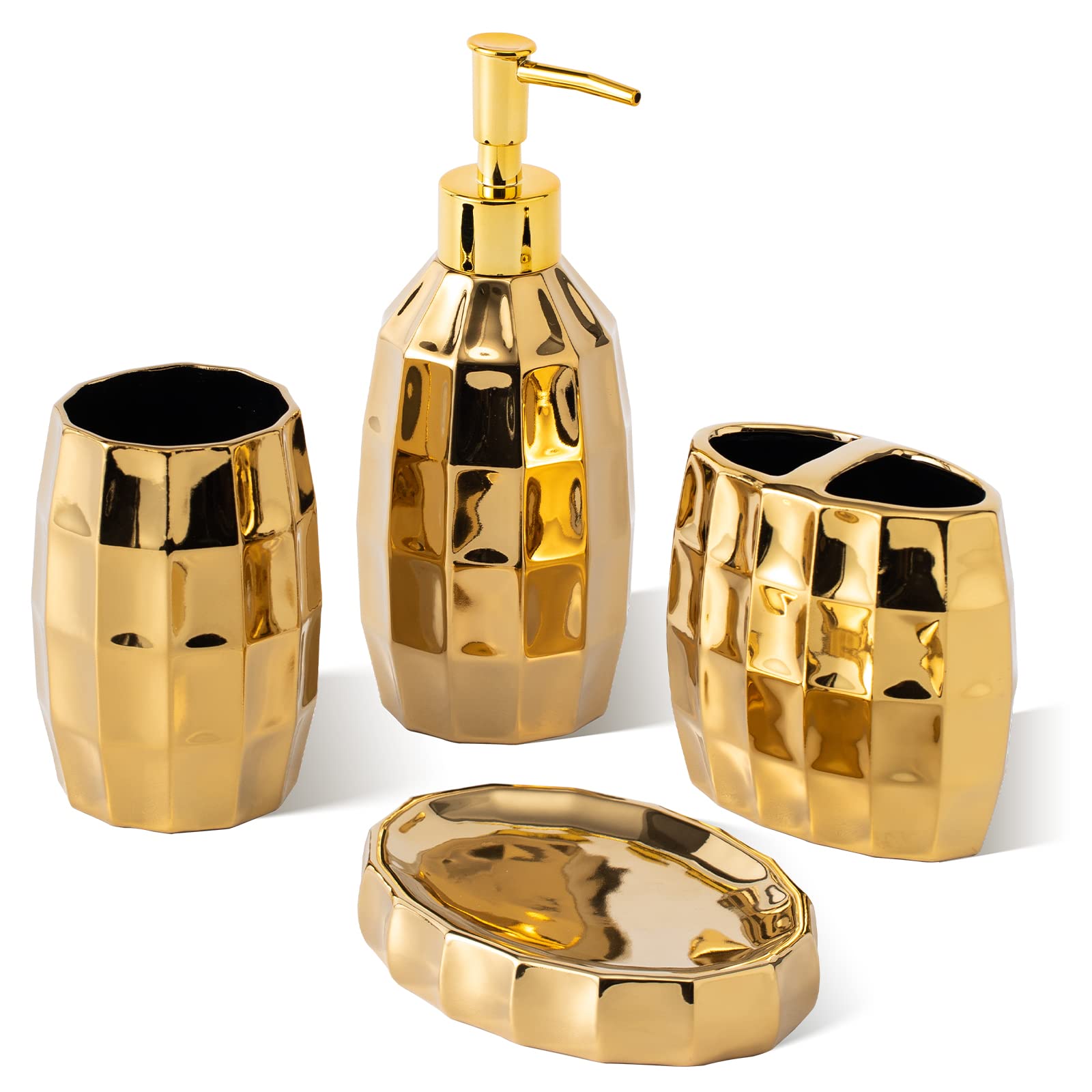 Bathroom Accessories Set, Golden Mosaic Ceramic Bathroom Accessory Sets Include Lotion Dispenser, Toothbrush Holder Tumbler, And