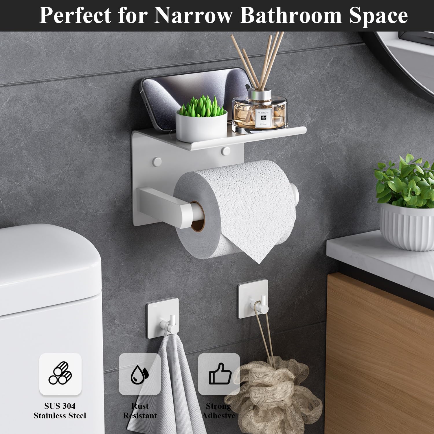 Tindbea Toilet Paper Holder with Phone Shelf + Towel Robe Hooks  Adhesive or Screw Wall Mounted Toilet Paper Roll Storage Dispenser  Stainless Steel Bathroom Tissue Roll Holder (White)