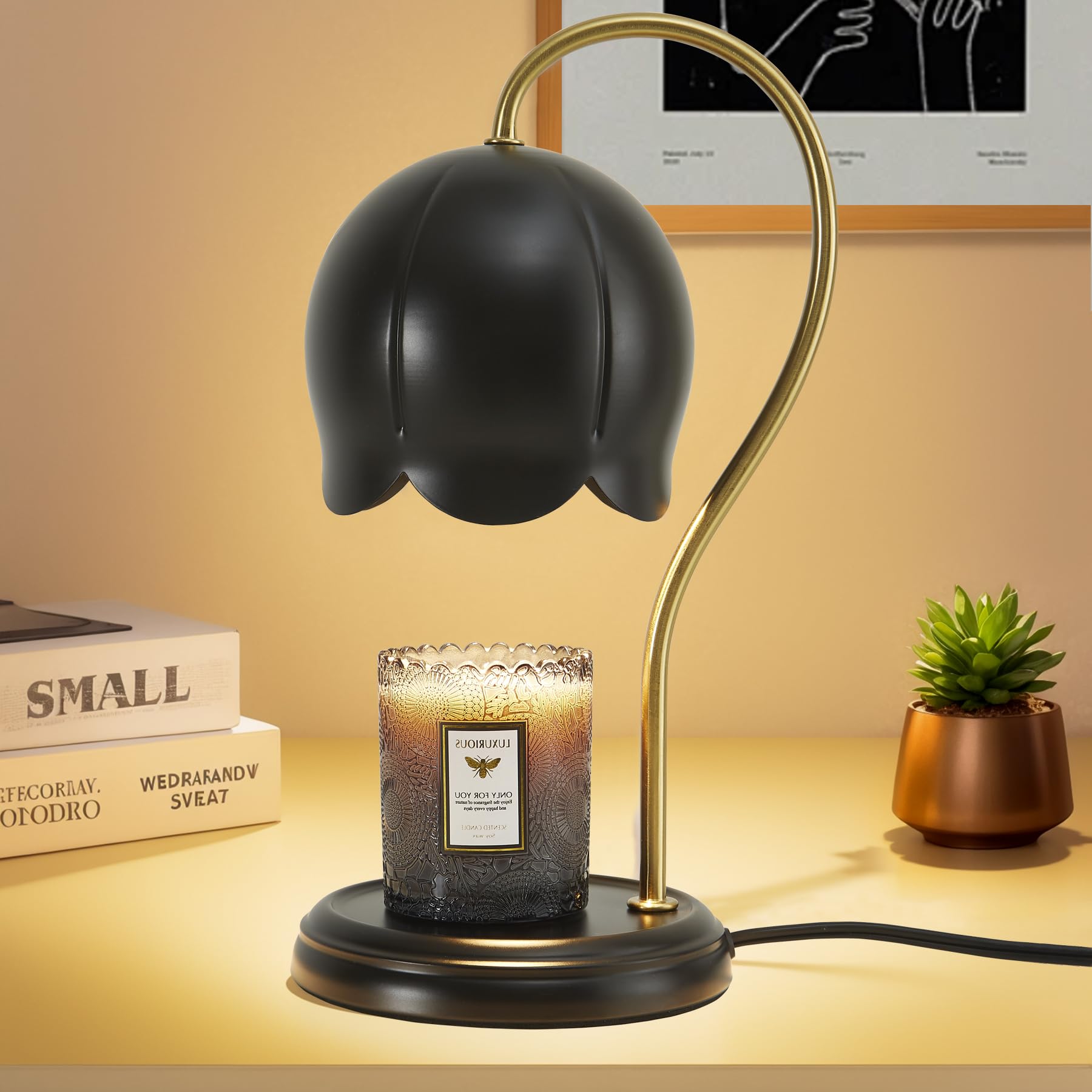 Black Gold Flower Candle Warmer Lamp with Timer Dimmable, Fall Office Decor Elegant Bedroom Scented Wax Light, Christmas Birthda