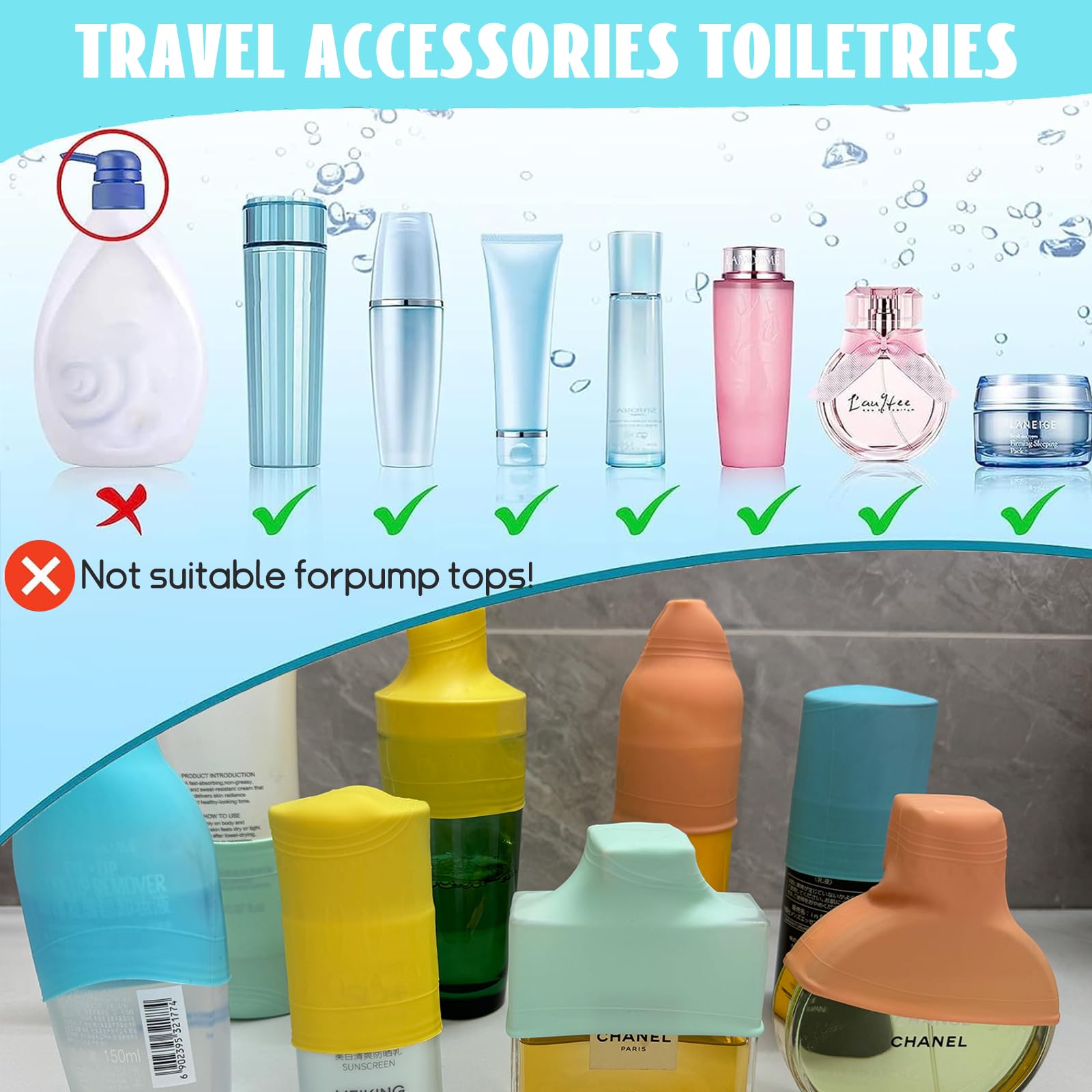 Cinlitek 10 Pcs Silicone Bottle Covers - Leak-Proof Travel Essentials For Toiletries, Beach Vacations & Cruise Trips, Reusable P