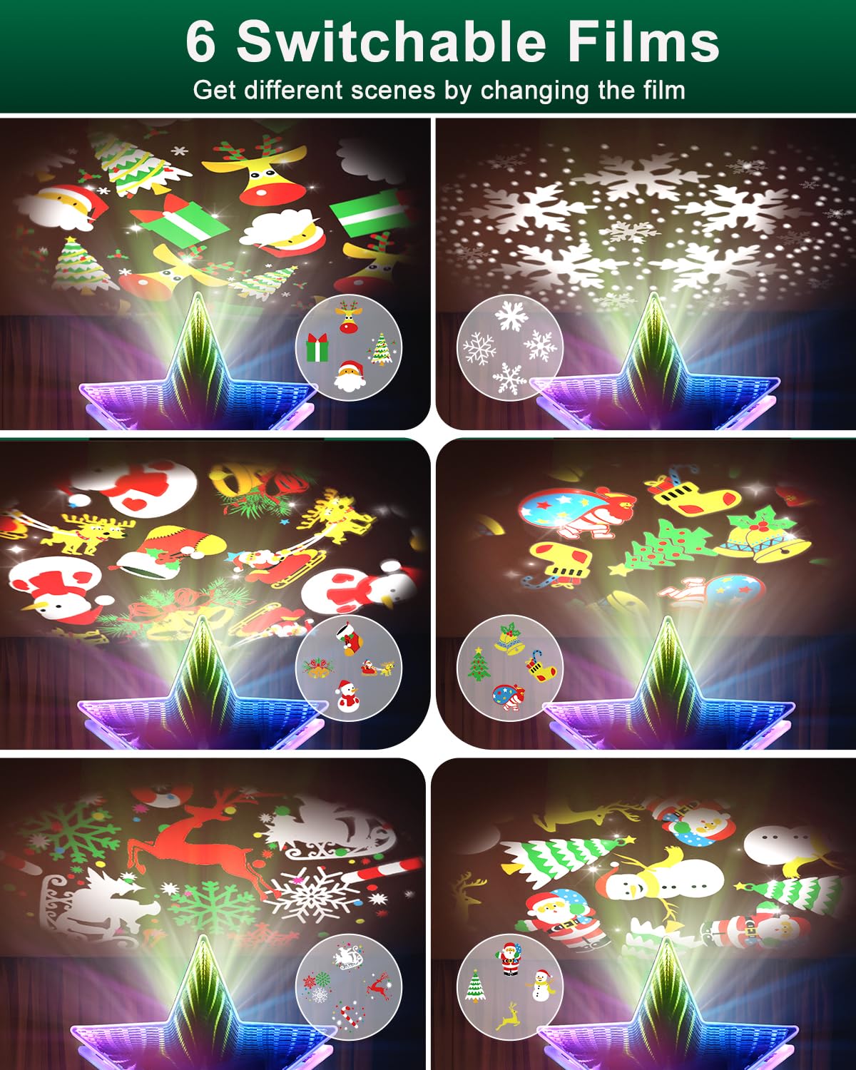Kesfitt Christmas Tree Topper, Dynamic Tunnel Mirror Colorful Light Star Topper with 6 Projection Modes, Tree Topper Lighted 3D