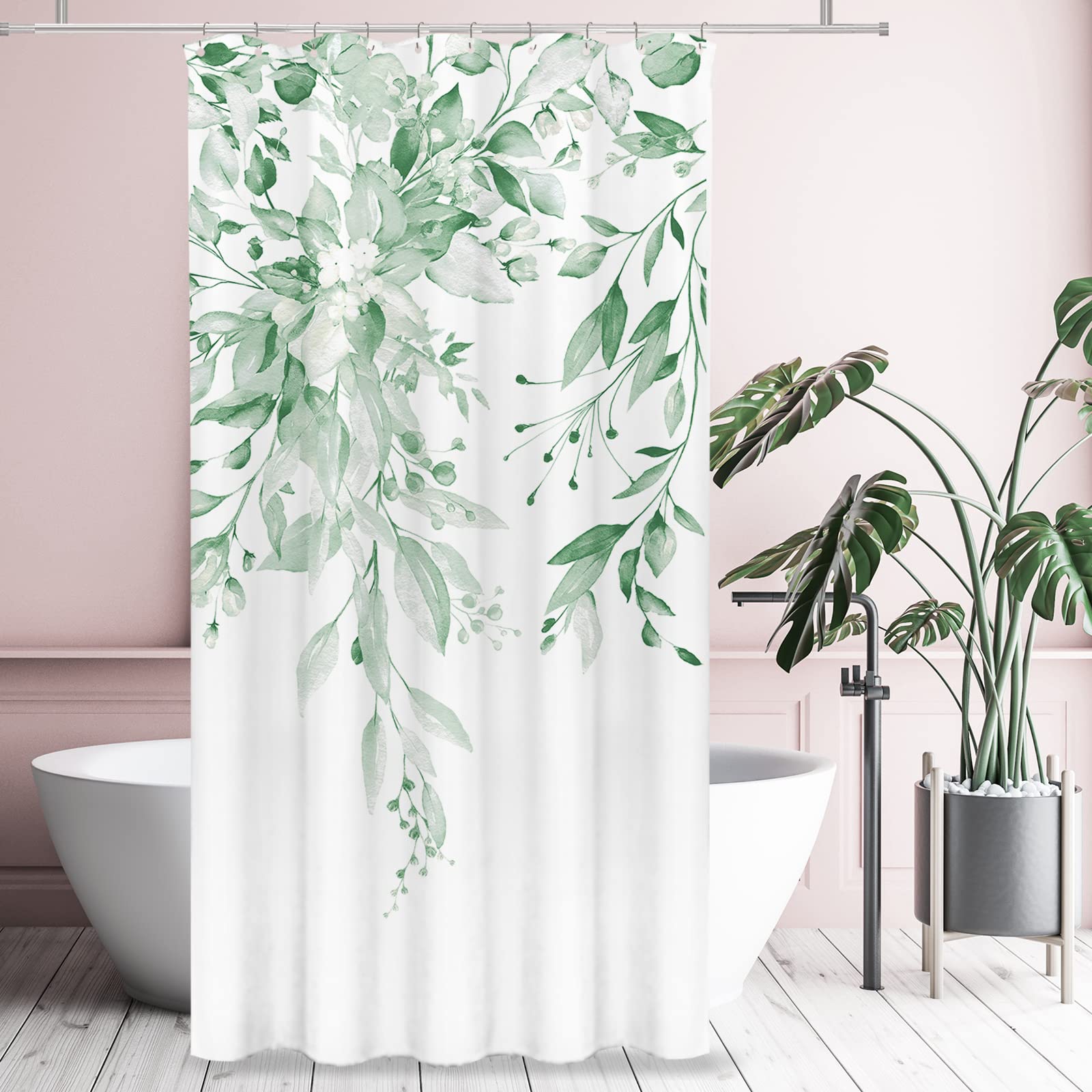 Tititex Mint Green Eucalyptus Shower Curtain Sets, Watercolor Leaves On The Top Plant With Floral Bathroom Decoration 36X72 Inch