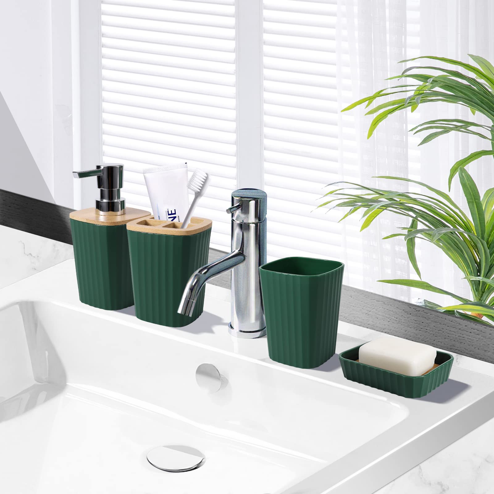 Bathroom Accessories Sets Complete, 9-Piece Dark Green Bathroom Accessories With Trash Can, Vanity Tray, Soap Dispenser, Soap Di