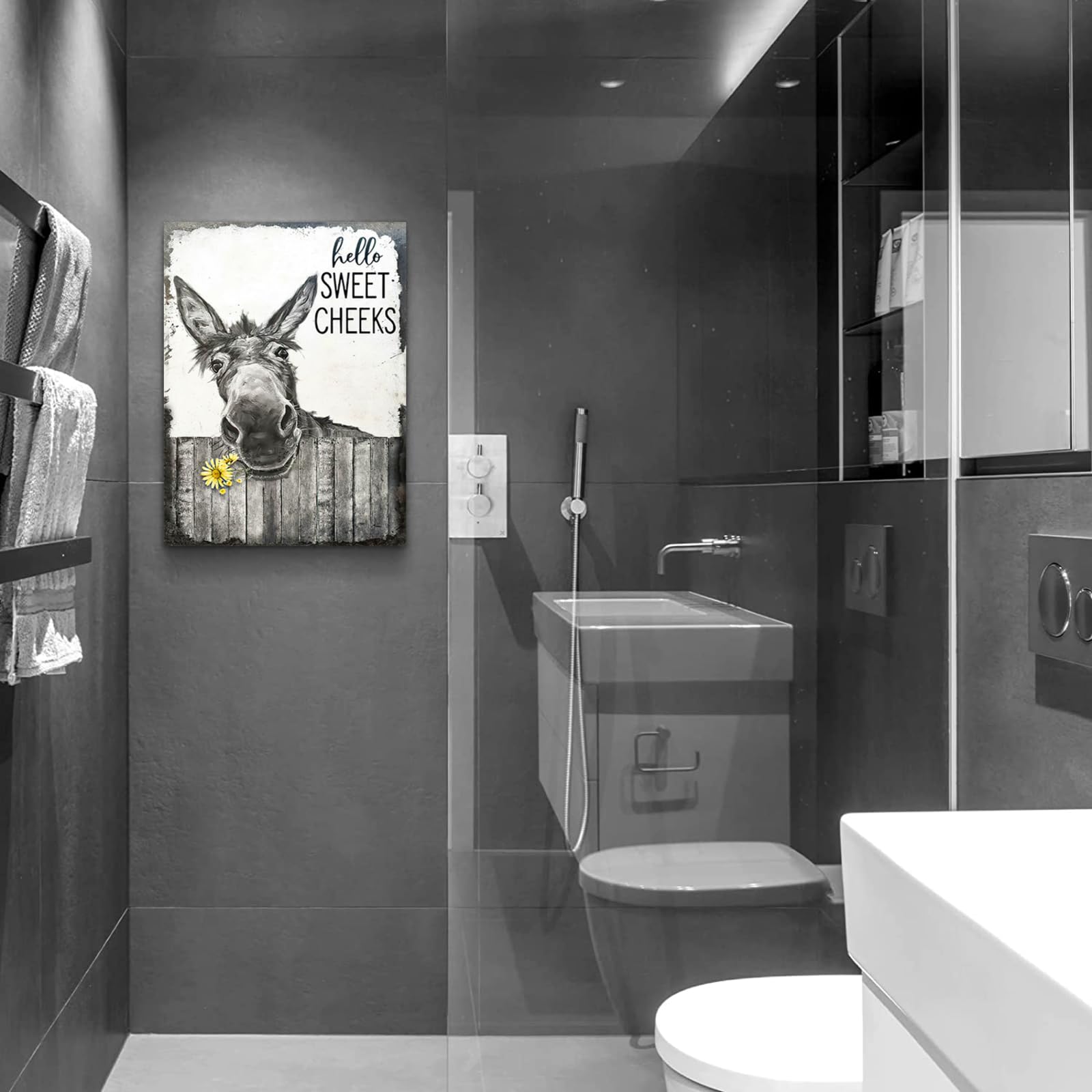 Farmhouse Bathroom Wall Art Donkey Poster Funny Donkey Pictures for Wall Rustic Canvas Print Black and White Painting Animal Wall D?or Country Vintage Framed Artwork 8''x12''