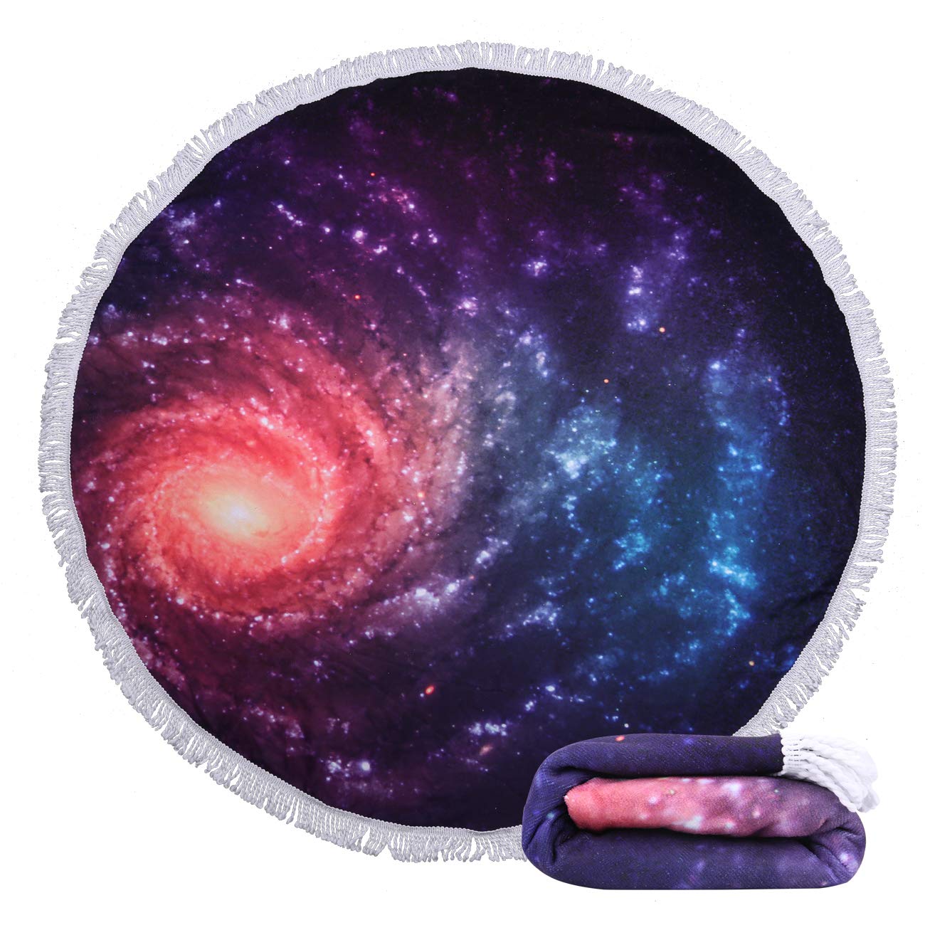 Violet Mist Purple Galaxy Round Beach Towel With Fringe 60 Inch Soft Microfiber Sand Free Funny Large Circle Beach Blanket Throw