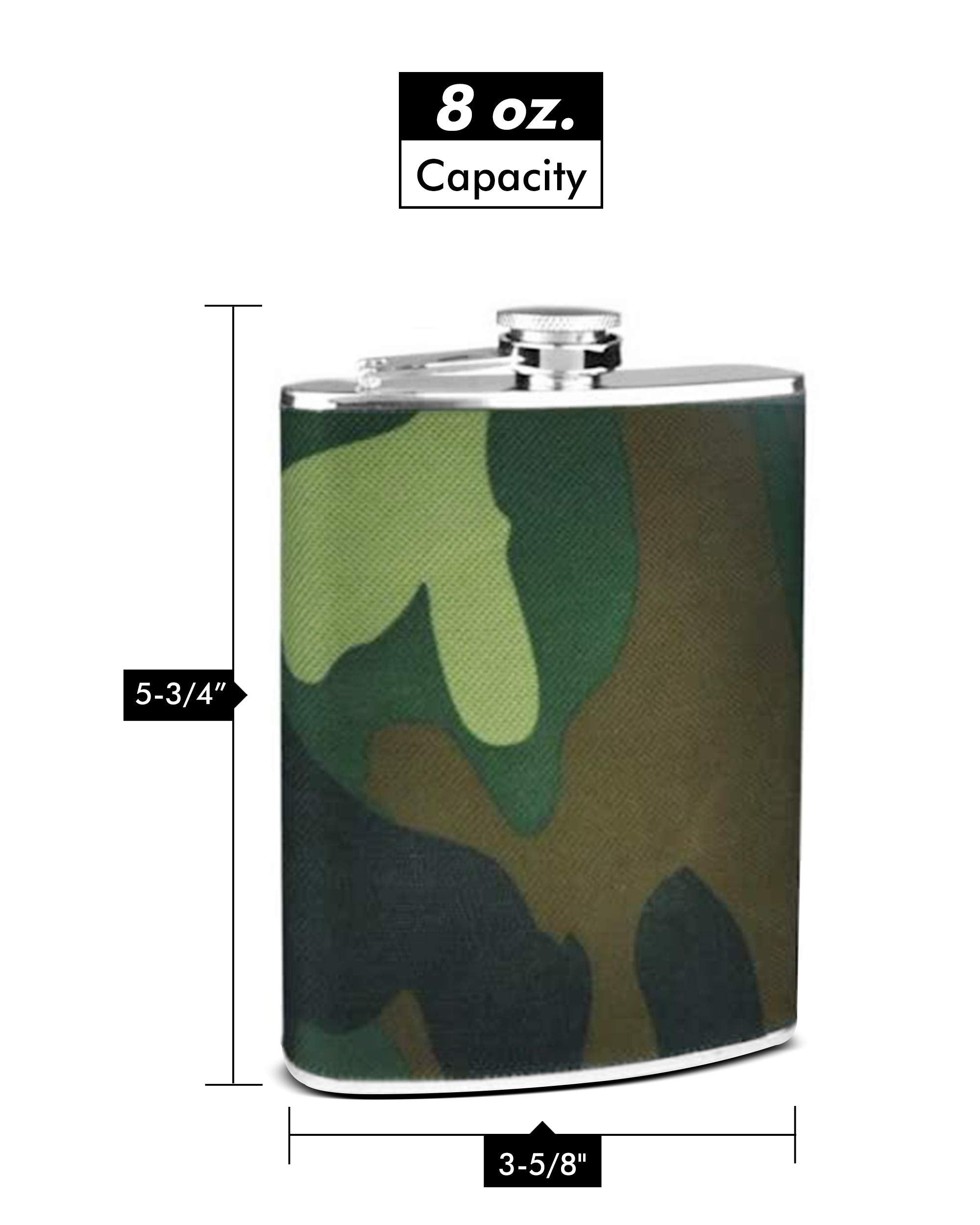 Hip Flask Holding 8 Oz - Camouflage Fabric Wrap Design - Pocket Size Stainless Steel Rustproof Screw-On Cap - Army Green Brown A