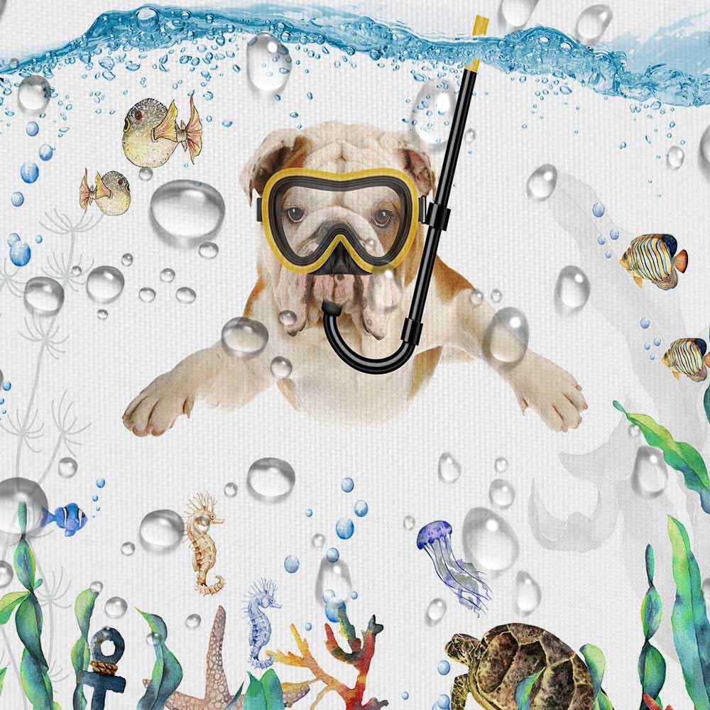 Funny Bulldog Dog Fabric Shower Curtain, Tropical Fish Coral Octopus Starfish Turtle Anchor Nautical Shower Curtain For Bathroom