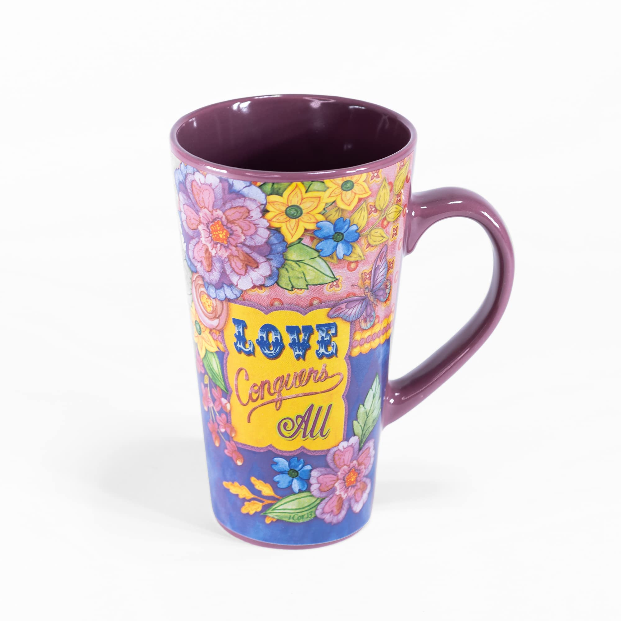 Divinity Boutique Inspirational Stoneware Mug, Love Conquers, Multicolor