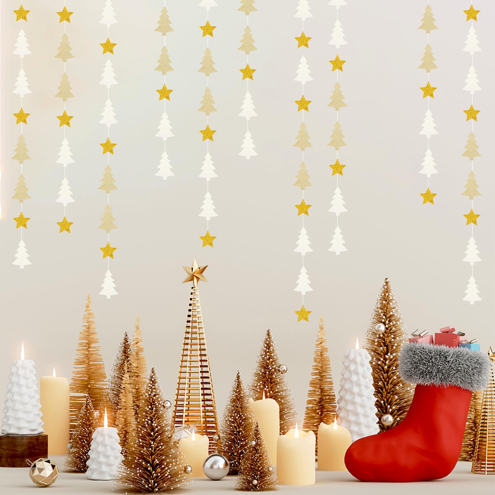 White-Gold Christmas-Tree Star Party-Decorations Garland - 52 Ft Winter New Year Supplies Hanging Paper Streamers Banner,Birthda