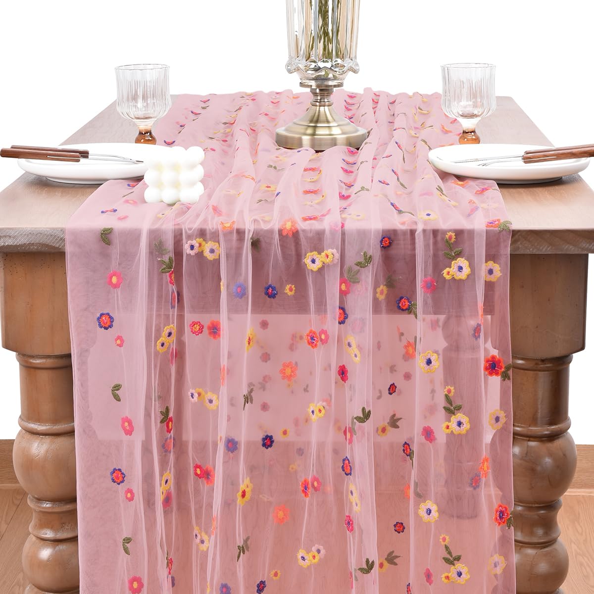 Joanlody Blushing Pink Embroidery Daisy Fall Thanksgiving Table Runner Florals Seasonal Tulle Table Runner Holiday Kitchen Dinin