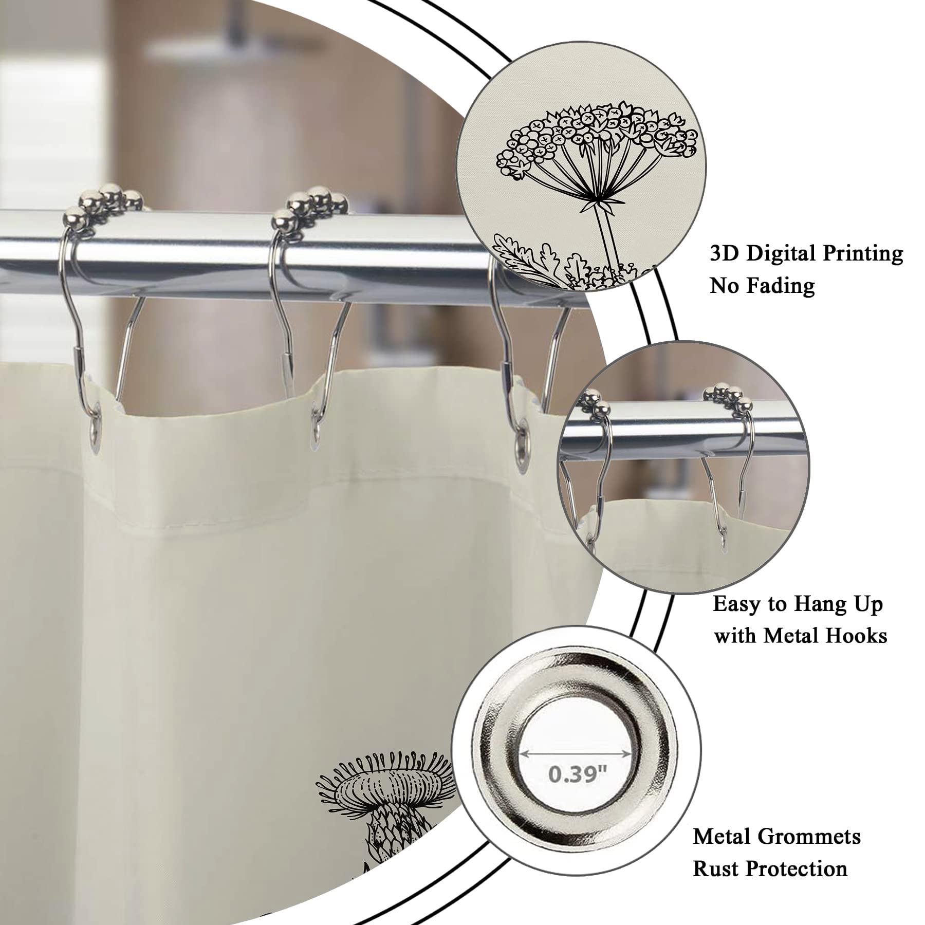 Riyidecor Clawfoot Tub Extra Wide Shower Curtain 180Wx70H Inch Flower Wrap All Around Circular Round Floral Wildflower Botanical Plants Herbs Decor Bathroom Polyester Waterproof Metal Hooks 32 Pack