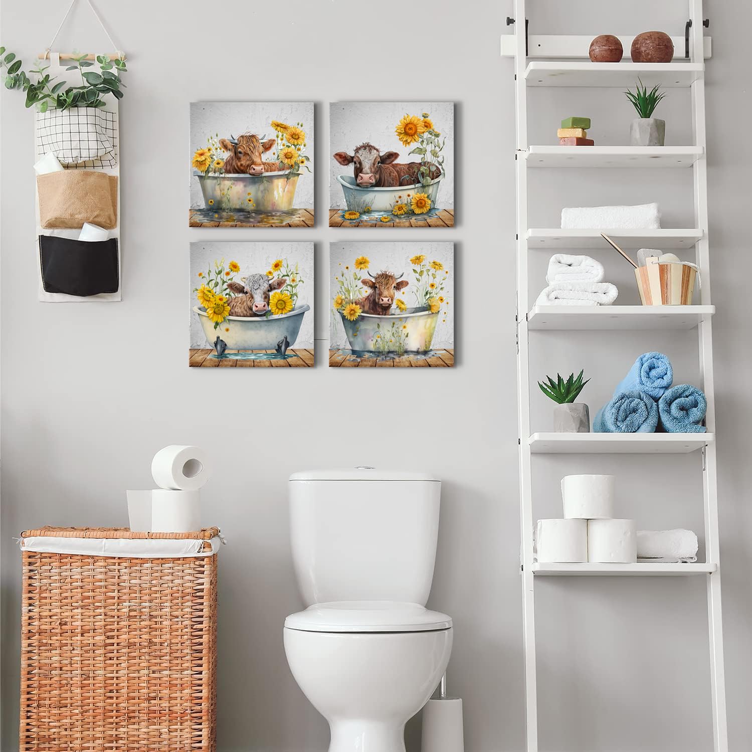 Cow Pictures Wall Decor Rustic Farmhouse Sunflower Highland Cow Wall Art Bathroom Decor Funny Cattle In Bathtub Canvas Prints Ar