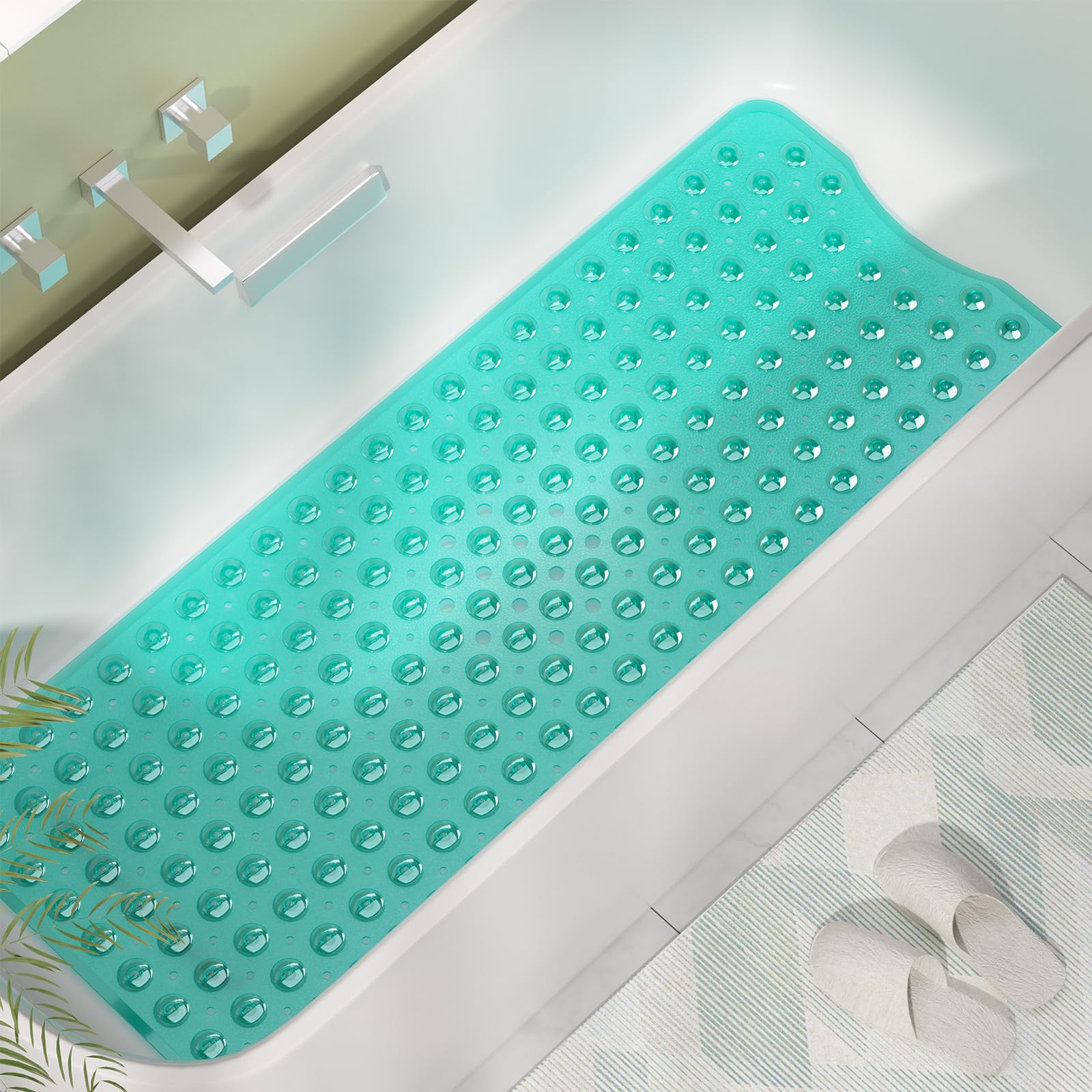 AmazerBath Bath Tub MatNon Slip  40 x 16 Inches Non-Slip Shower Mats with Suction Cups and Drain Holes  Bathtub Mats Bathroom Mats Machine Washable  Clear Green