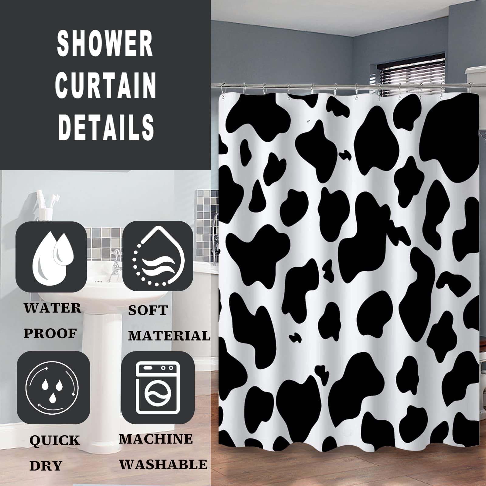 Zttxl Cow Print Shower Curtain (72'' X 72''), Black Cow Print Shower Curtain, Polyester Fabric Print Shower Curtain Set With Bat