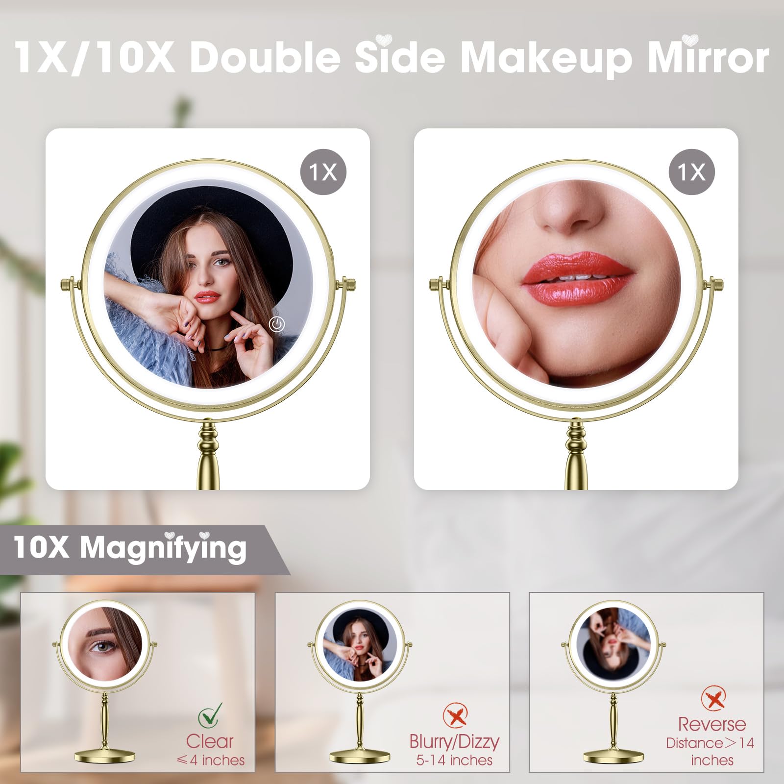 Matekxy 8'' Lighted Makeup Mirror, 1X/10X Magnifying Rechargeble Standing Double Sided Vanity Mirrors With 360Rotation, 3 Colors