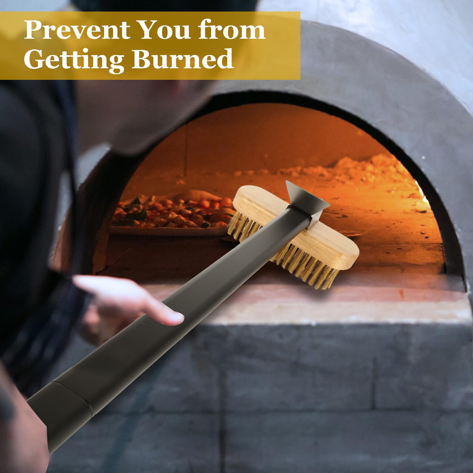 Muxhel 1 Pcs Adjustable 47'' Pizza Oven Brush With Scraper, Brass Bristles Pizza Stone Brush With Detachable Handle And Screwdri