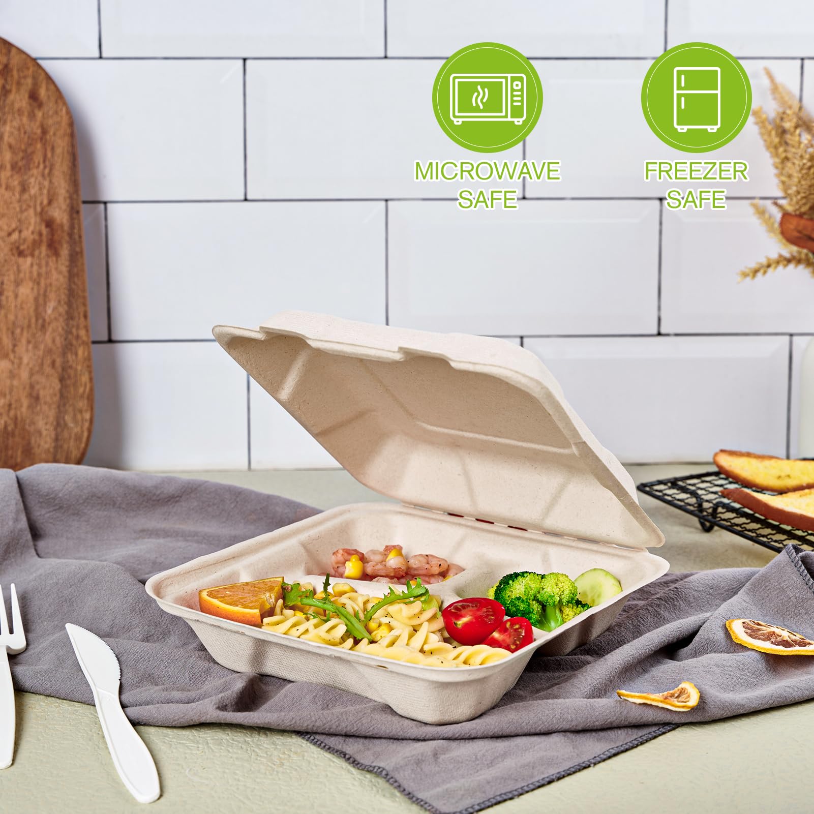 ECOLipak 50 Pack Clamshell Take Out Food Containers  100% Compostable Disposable To Go Containers  8X8 3-Compartment Heavy-Duty To Go Boxes Eco-Friendly Biodegradable To Go Containers For Food