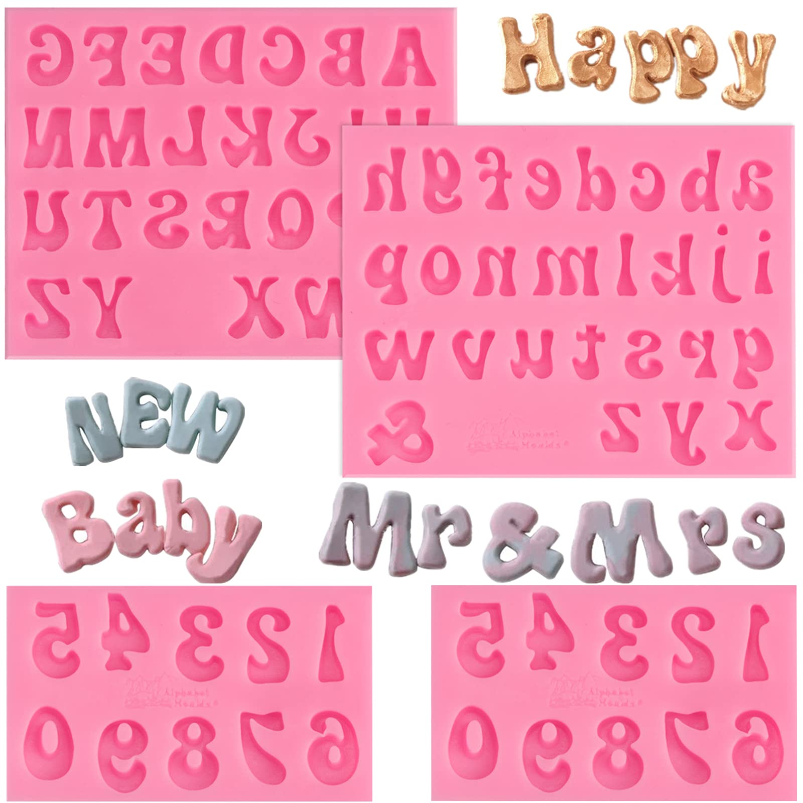 Joersh 4 Pieces Silicone Letter Molds, Lowercase Uppercase Alphabet Letters And 0-9 Numbers Fondant Chocolate Molds For Cake/Cup