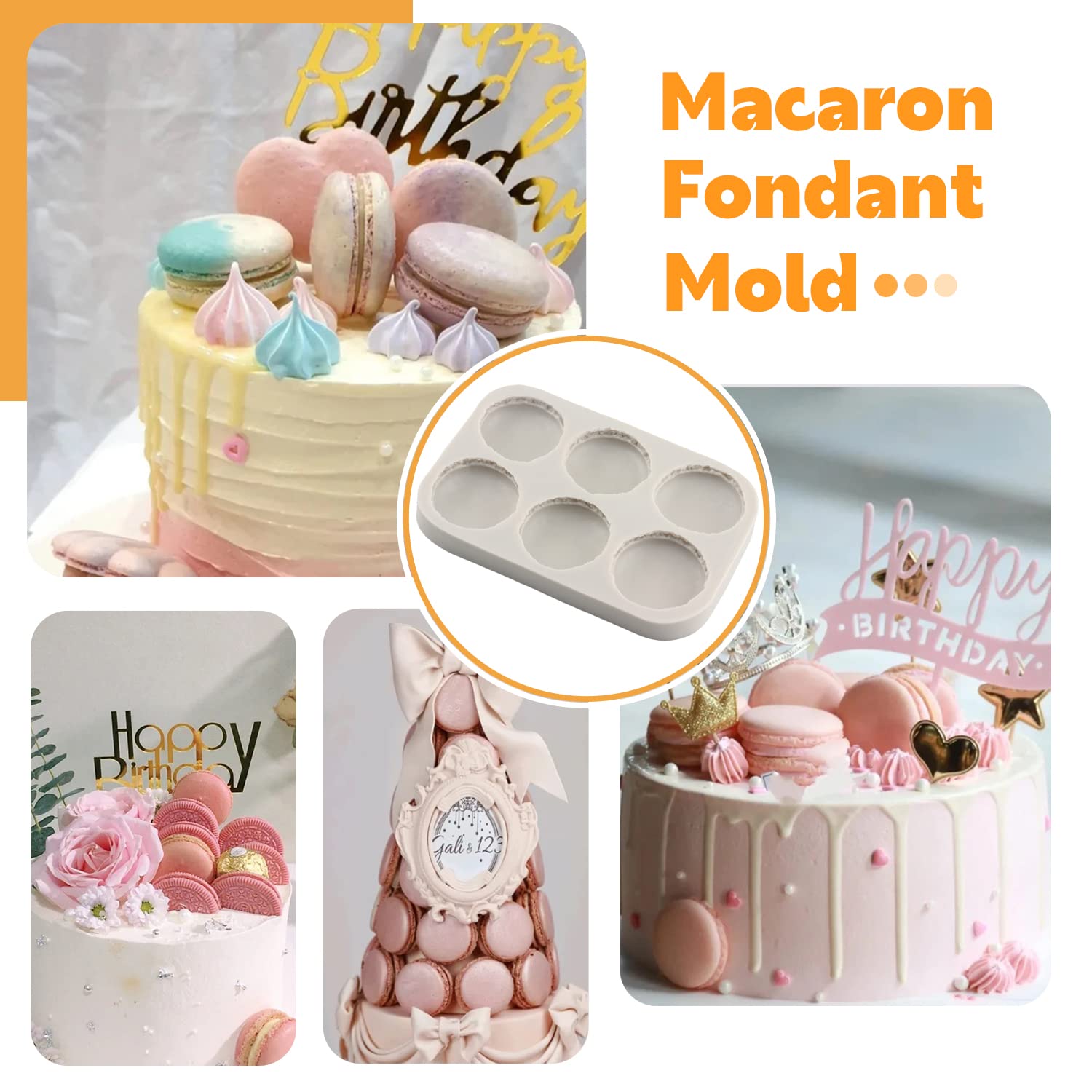 Sijiangmold 6-Cavity 3D Macaron Hamburger Silicone Molds Macaron Fondant Mold For Cake Decorating Cupcake Topper Chocolate Candy