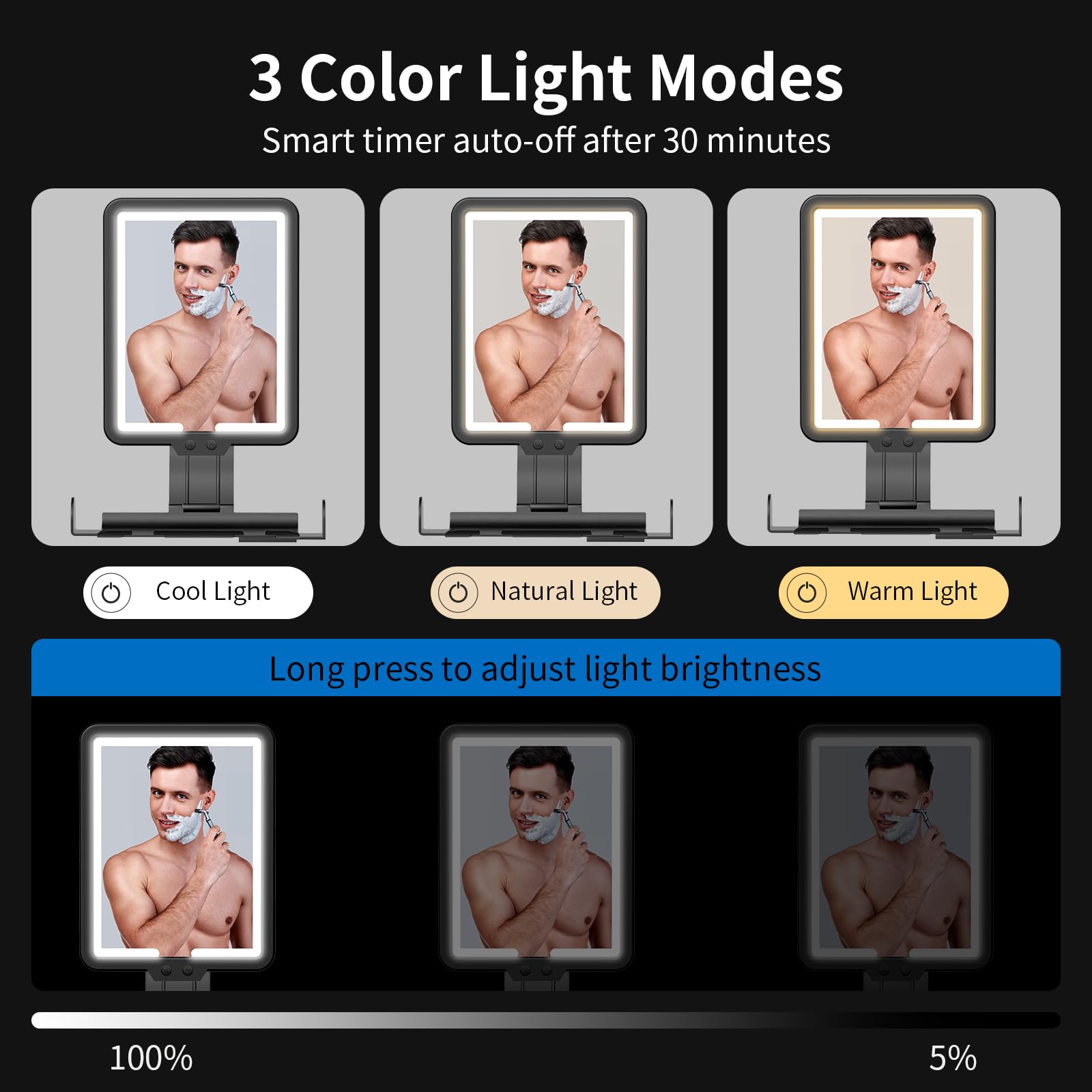 Heated Anti-Fog Shower Shaving Mirror,9.5*8 Inch Led Shower Mirror Fogless For Shaving With 3 Color Modes,Dimmable Shaving Mirro