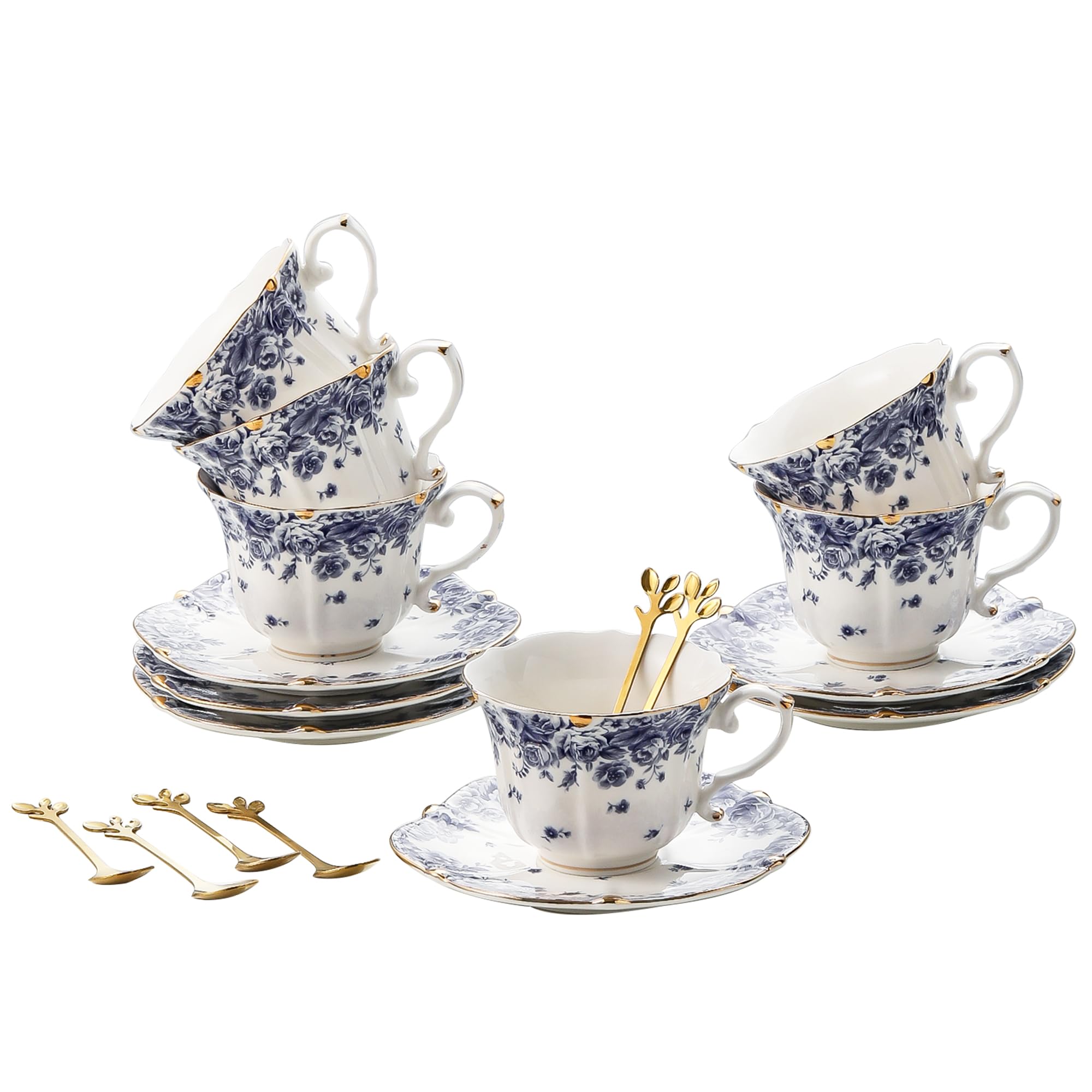 TATSUMI Country Roses Bone China Tea Cup and Saucer Set, 6 Pieces, Vintage Style, For Women and Tea Parties(sky blue,6 sets)