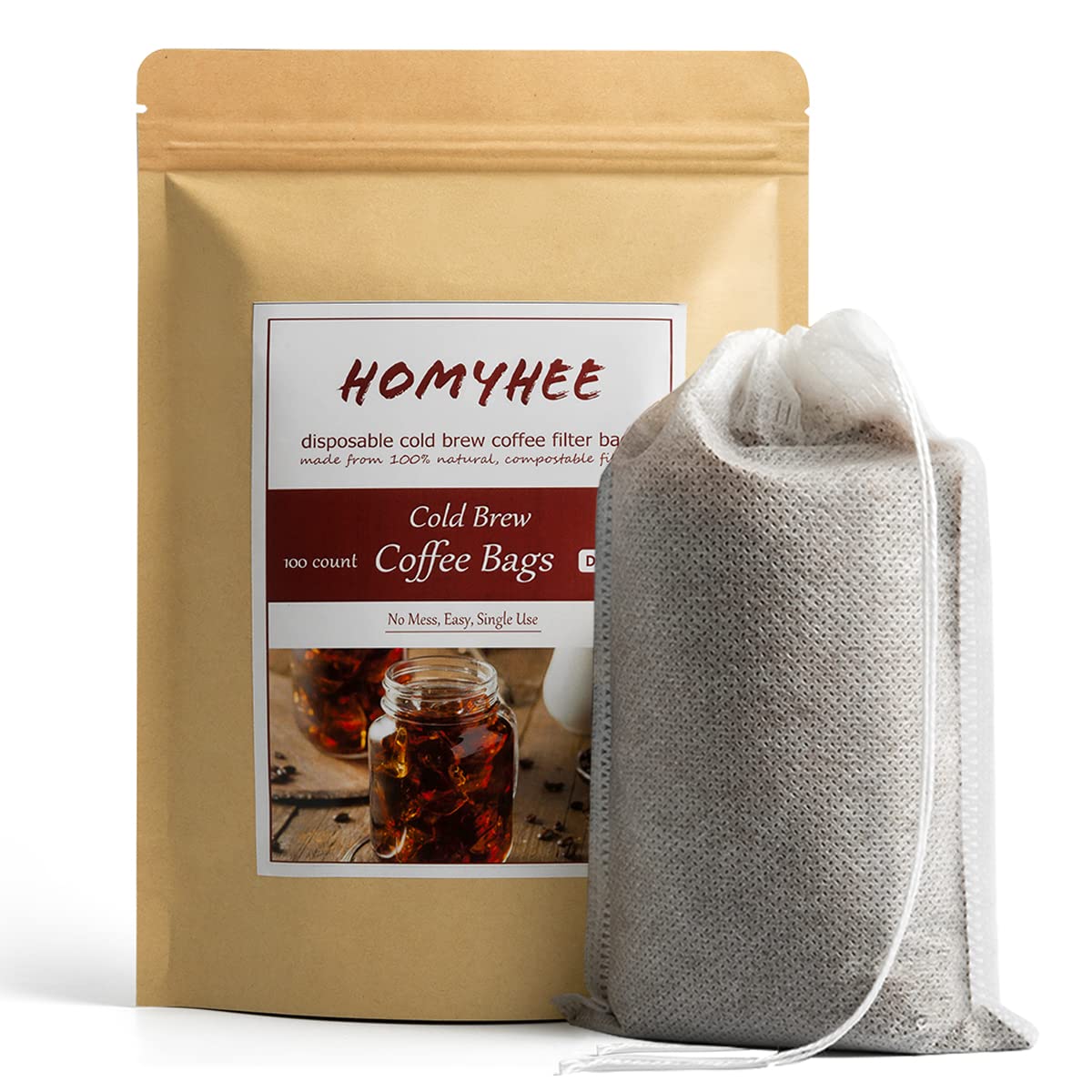 Homyhee No Mess Cold Brew Coffee Filters - 100 Count Disposable Fine Mesh Brewing Bags For Concentrate/Iced Coffee Maker, French