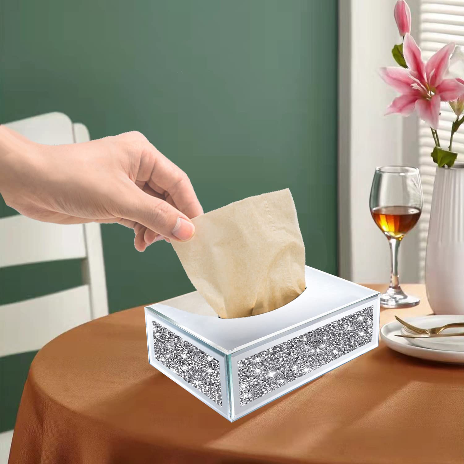 Wocred Rectangular Mirrored Tissue Box Cover,Crystal Crushed Diamond Tissue Box,Silver Luxury Tissue Holders For Either Tissues