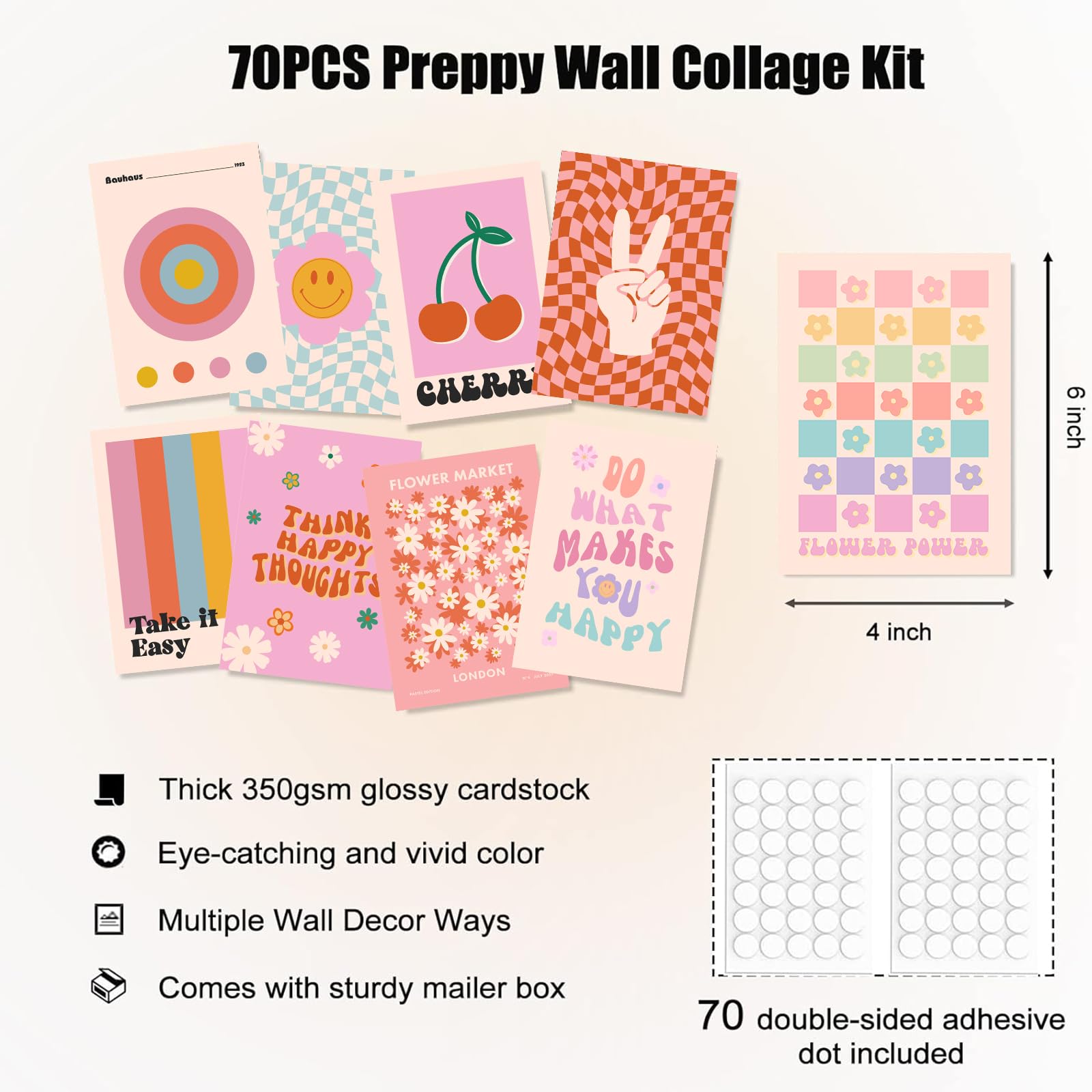 Preppy Room Decor, 70Pcs Preppy Wall Collage Kit Aesthetic Pictures, Cute Preppy Wall Decor, Trendy Pink Photo Collage Kit 4''X6