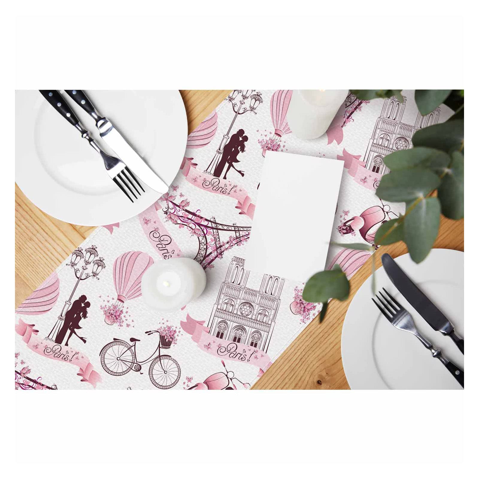 Hosnye Table Runner Pink Romantic Travel In Paris,Cotton Linen Table Runner Decoration For Kitchen Family Dinner Table Holiday P
