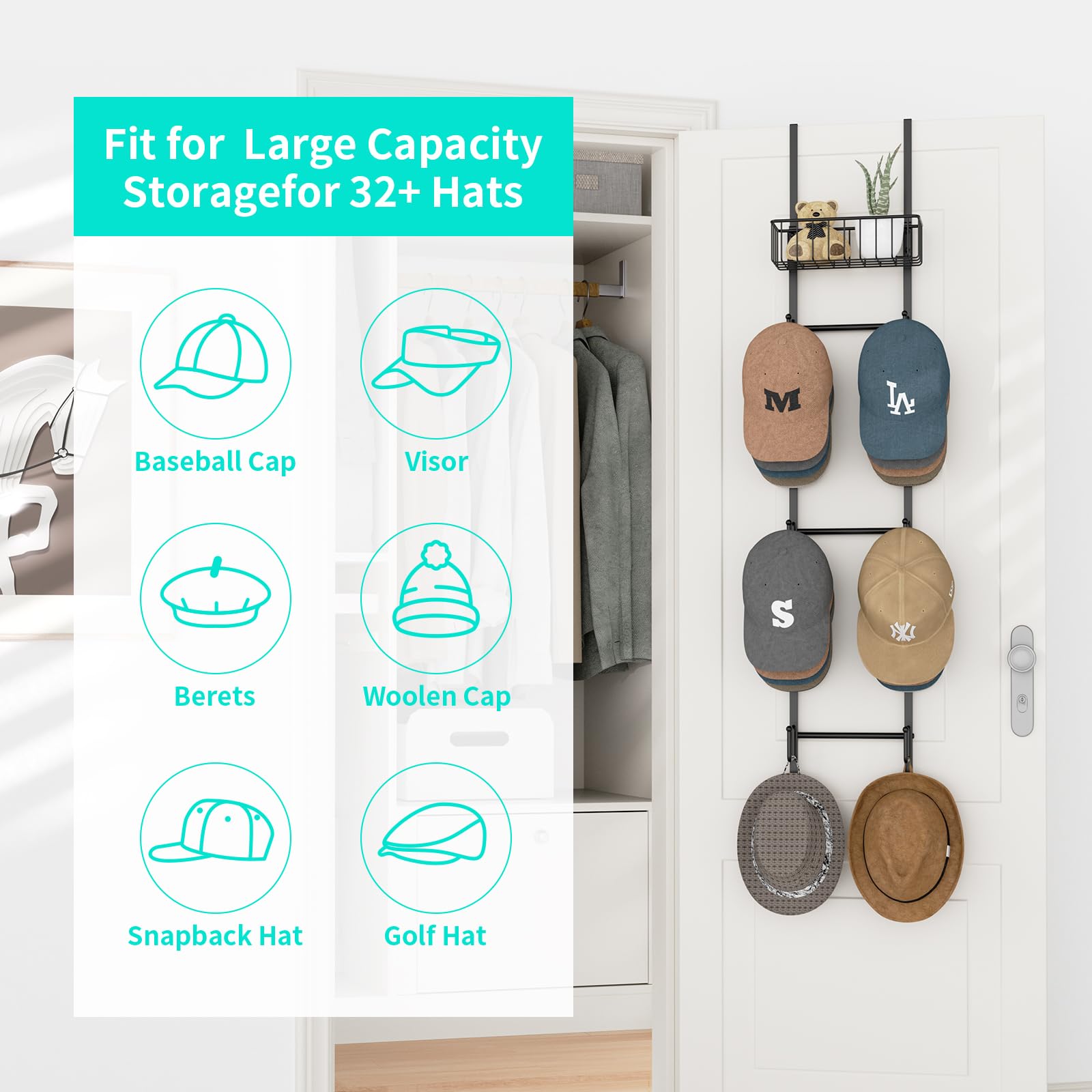 Hapirm Over Door Hat Rack - Hat Organizer For Baseball Caps, Wall Mounted Hat Holder With 6 Hat Hooks And Metal Basket Design, H
