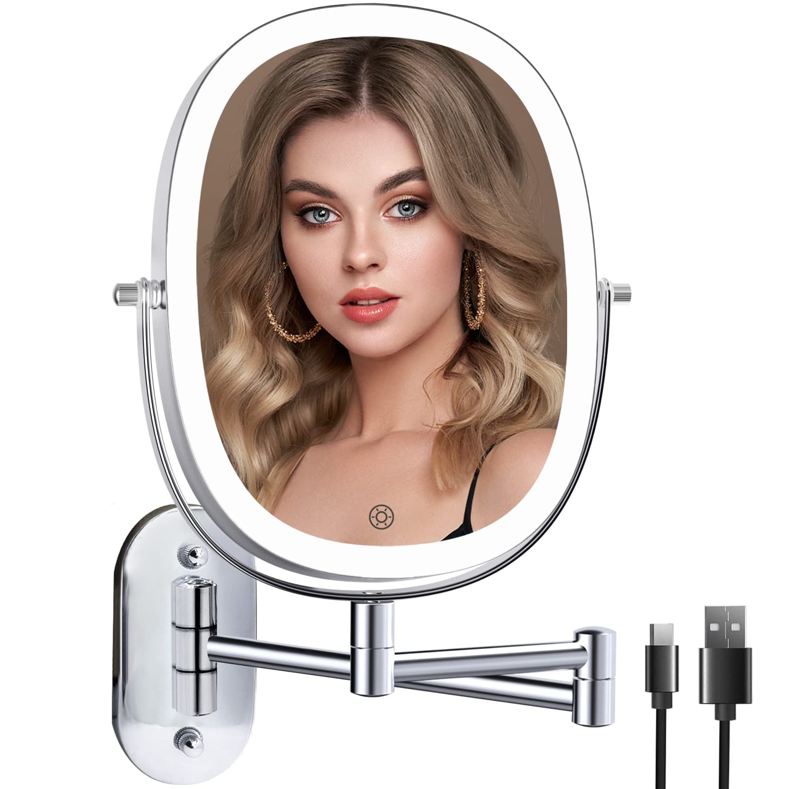 Funtouch Rechargeable Lighted Wall Mounted Makeup Mirror, Double Sided 1X/7X Magnifying Mirror, 3 Lights Option Dimmable, Extens