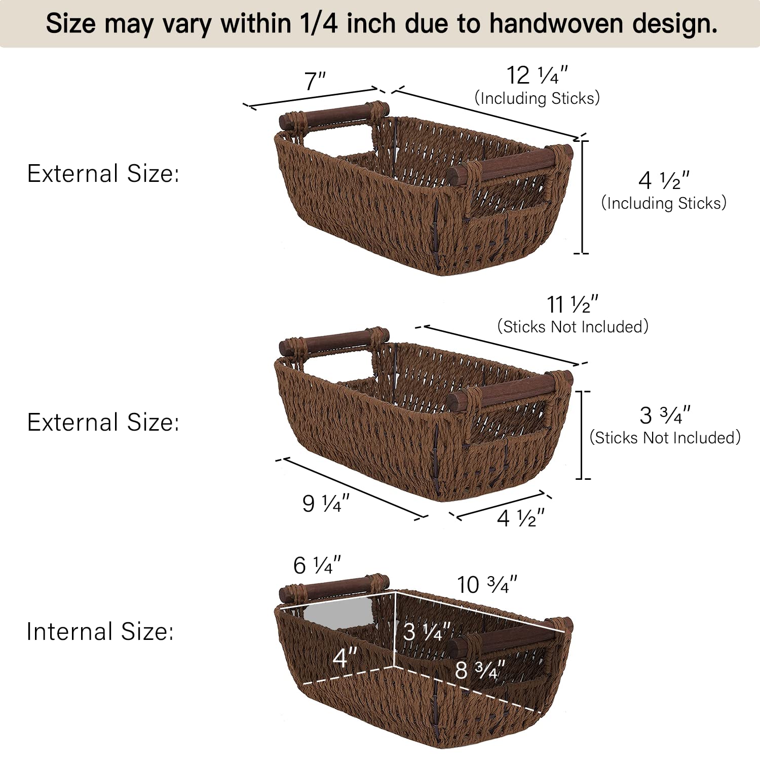StorageWorks Handwoven Small Wicker Baskets  Round Paper Rope Storage Baskets with Wooden Handles  Dark Brown  2-Pack