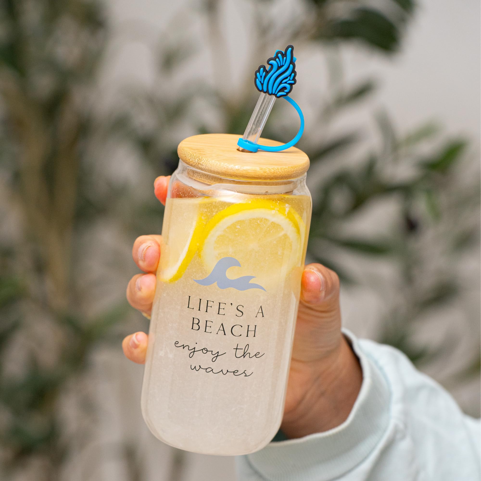 The Love Crate Co. Ocean Gifts for Women - Glass Tumbler with Lid and Straw, Customized Straw Stopper and Cup Sleeve, Aesthetic