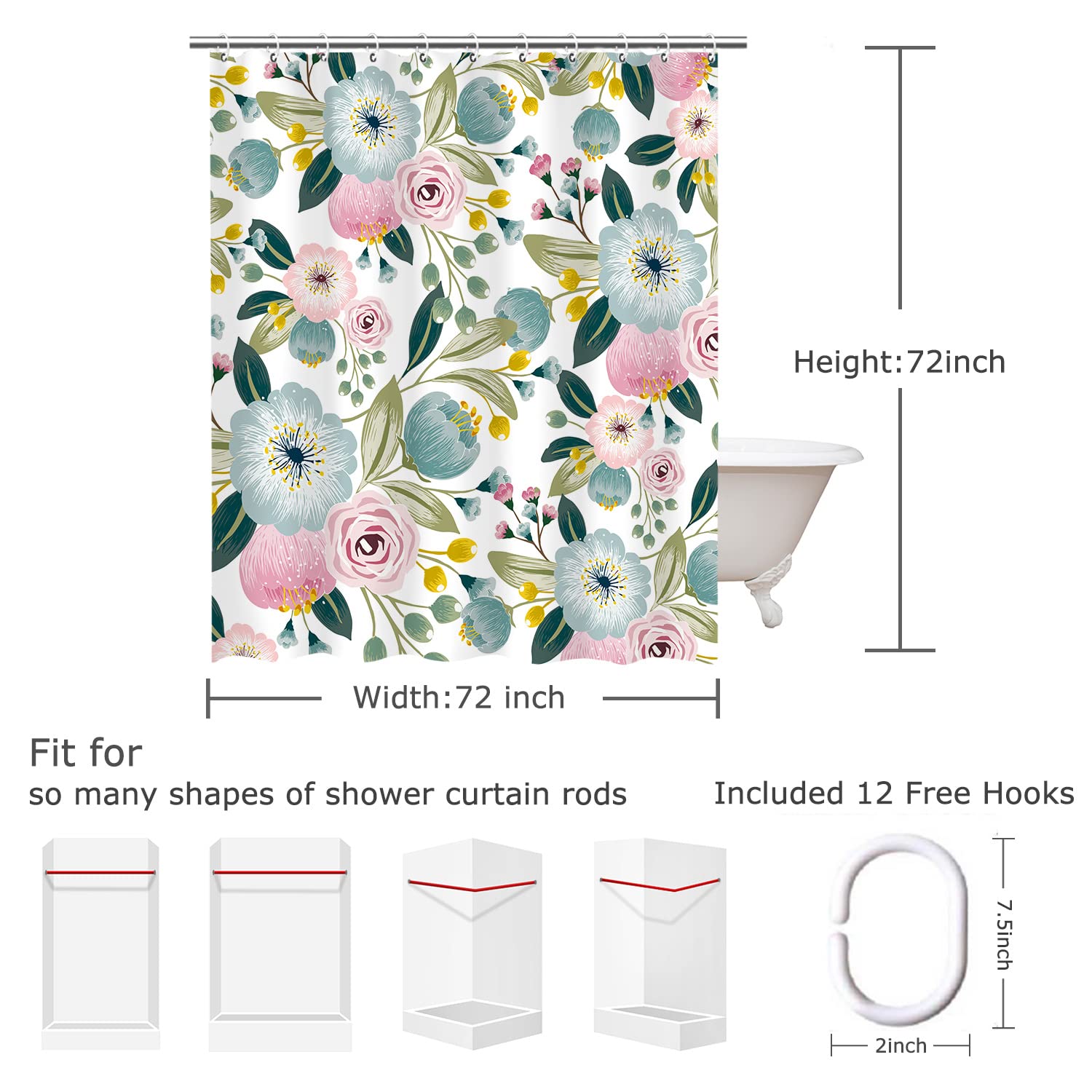 Livilan Mint Blue Shower Curtain Boho Shower Curtains Floral Blossom Flowers Shower Curtain Set Girly Light Blue And Pink Poppy